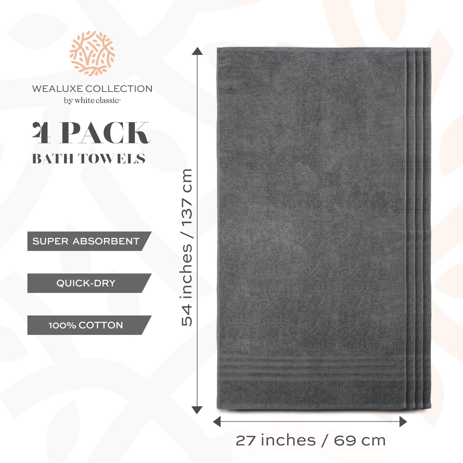 White Classic Wealuxe – Juego de 4 toallas de baño de algodón para hotel, gimnasio, spa, toallas suaves y extraabsorbentes, de secado rápido, para