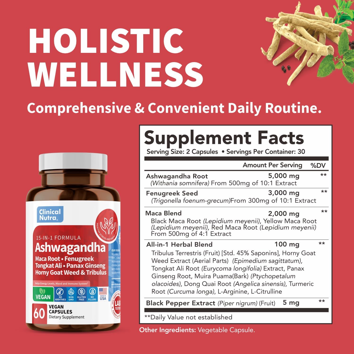 Clinical Nutra Ashwagandha 5000 mg raíz de maca 2000 mg fenogreco 3000 mg Tongkat Ali Ginseng Suplemento l 60 cápsulas tiroideas veganas l Hecho en