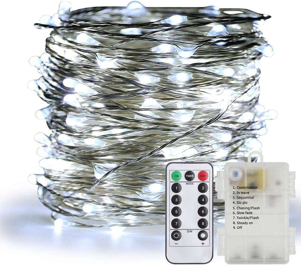 ER CHEN 200 luces LED, luces de hadas impermeables que funcionan con pilas, con control remoto, 66 pies, 8 modos, alambre de cobre recubierto de