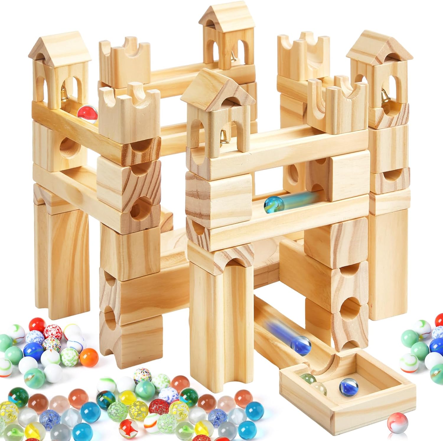 Gemscream Carrera de mármol de madera para niños de 4 a 8 años, 120 piezas de bloques de construcción de madera y juego de construcción y canicas de