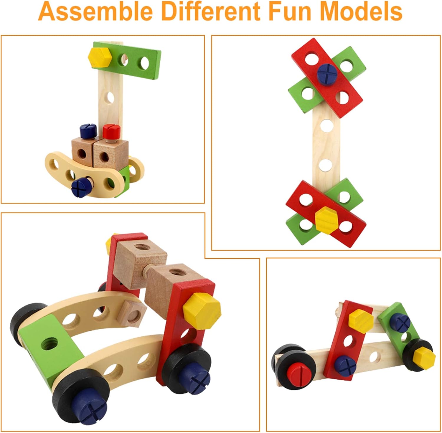 Aomola Kit de herramientas para niños, juego de herramientas de madera con herramientas coloridas, juguetes de simulación, regalos para niños