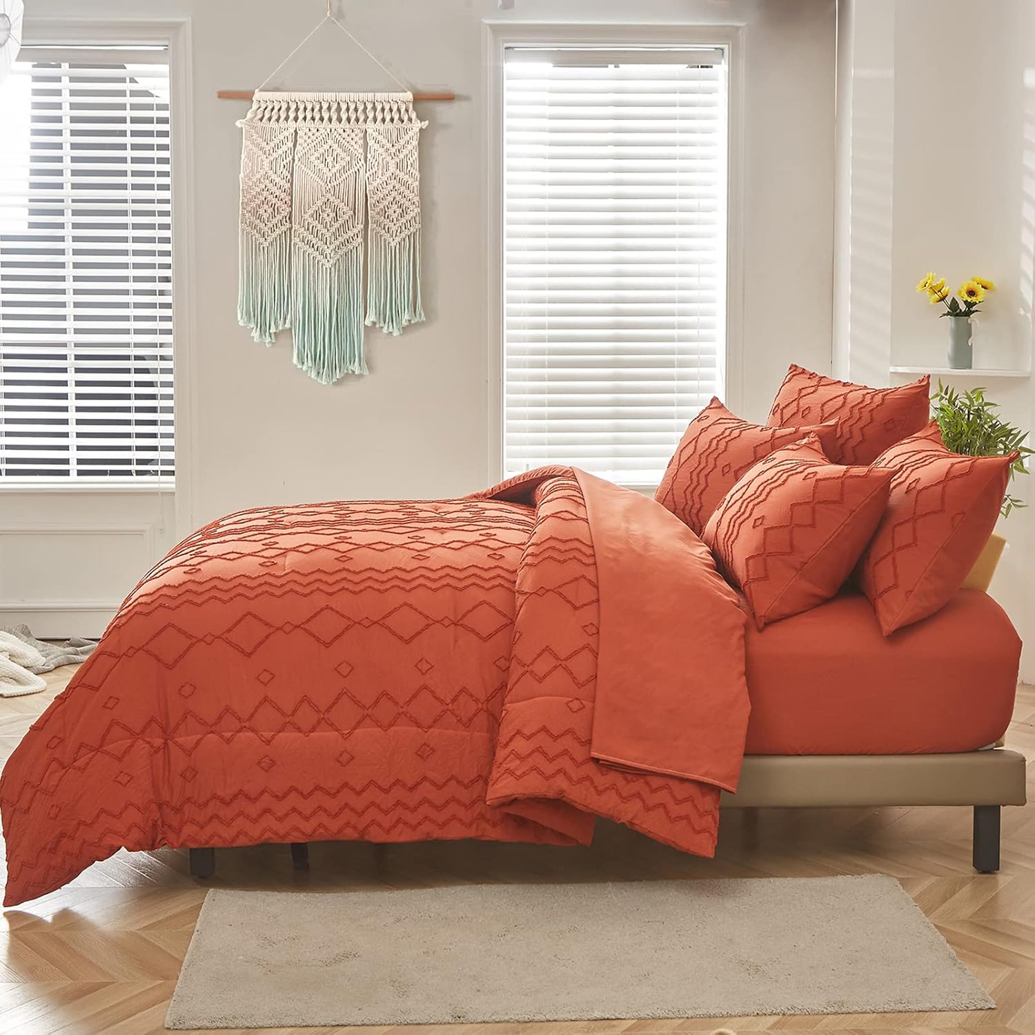 WONGS BEDDING Juego de edredón color naranja quemado, tamaño Queen, 7 piezas de cama copetuda terracota en una bolsa, edredón bohemio chic
