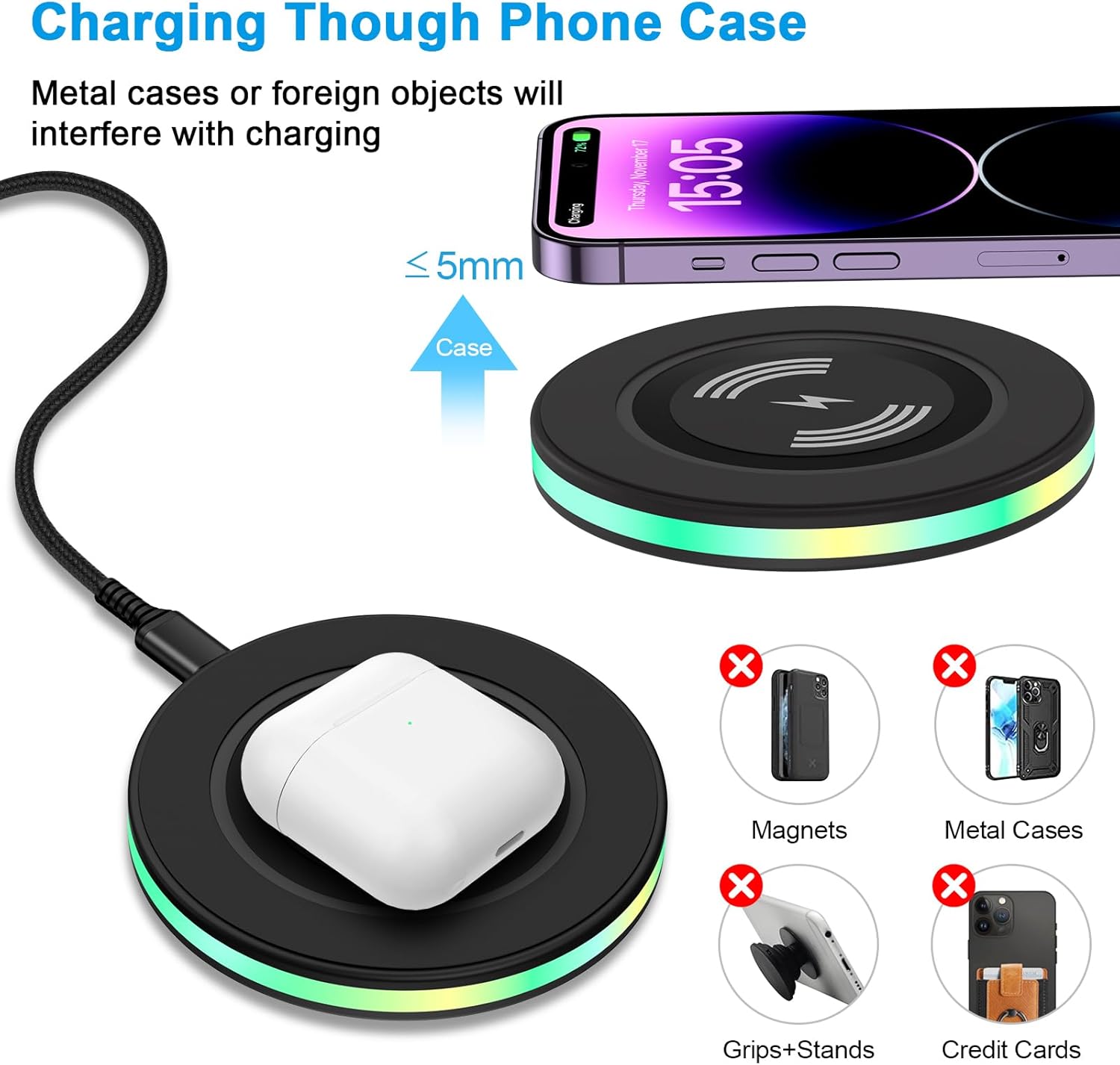 Cargador inalámbrico Samsung de 15 W, almohadilla de carga rápida con adaptador QC3.0 para Samsung Galaxy S24 S23 Ultra S22+ S21 S20 FE, cargador