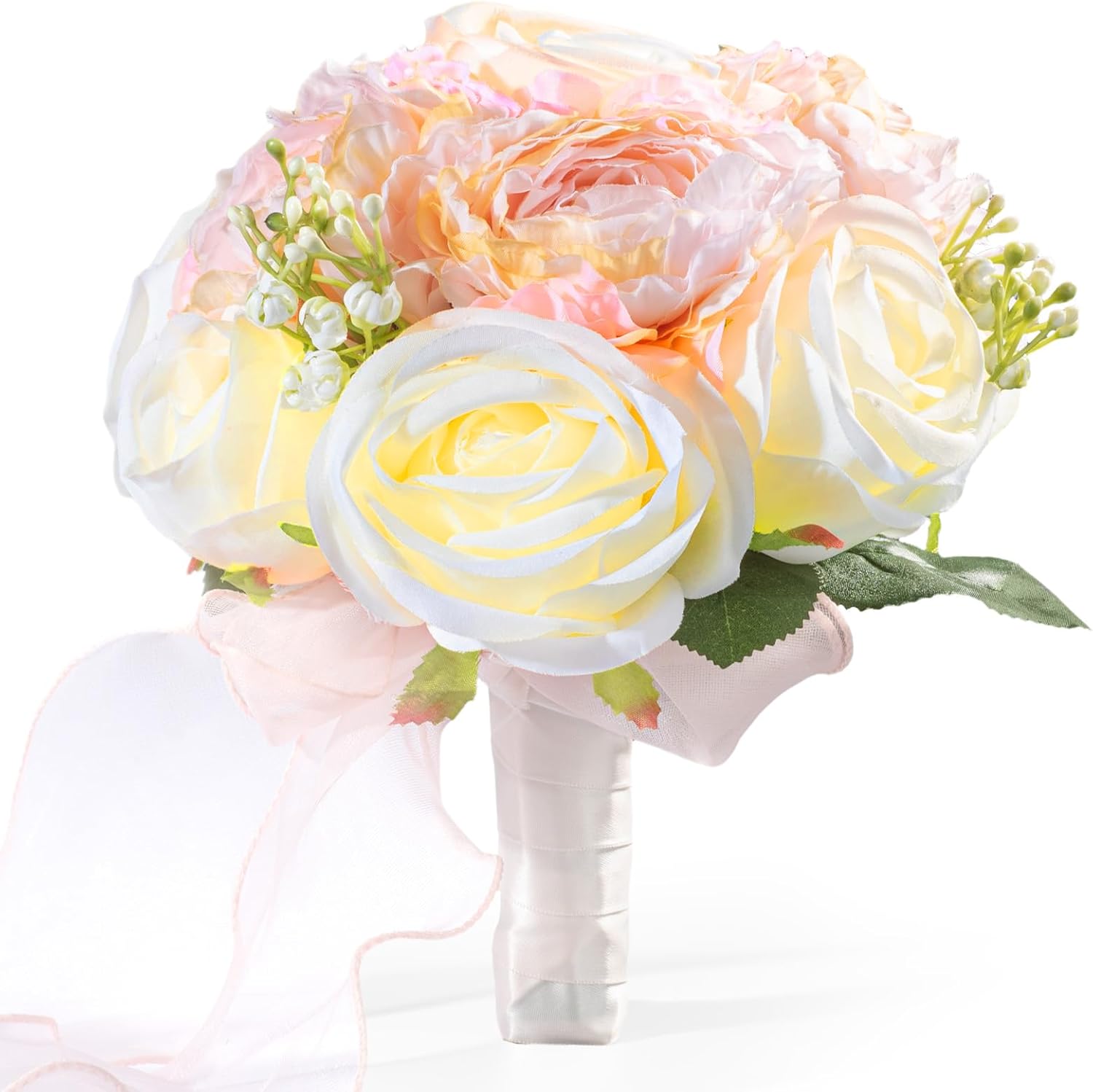 VoKaSar Flores artificiales de rosas rosas falsas con luces, ramo de dama de honor de novia de 8.2 pulgadas en jarrón, luz nocturna para sala de