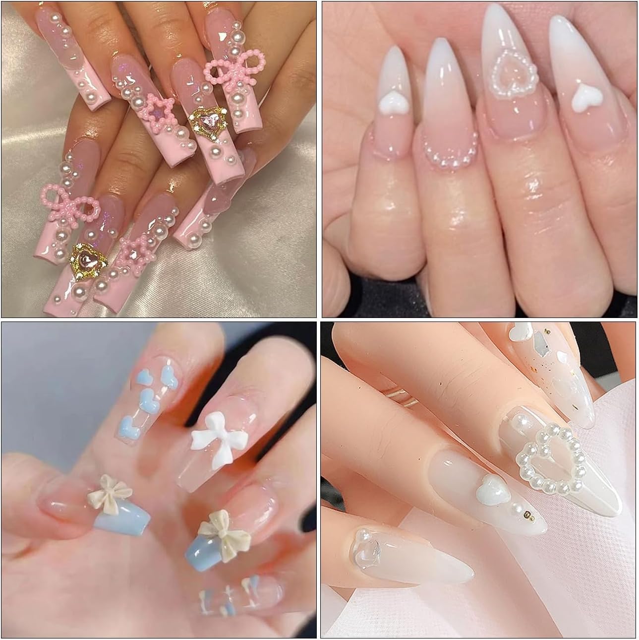 900 dijes de uñas 3D de múltiples formas blancas y perlas de parte trasera plana, perlas huecas, estrellas, arco, corazón, estrella, luna, dijes de
