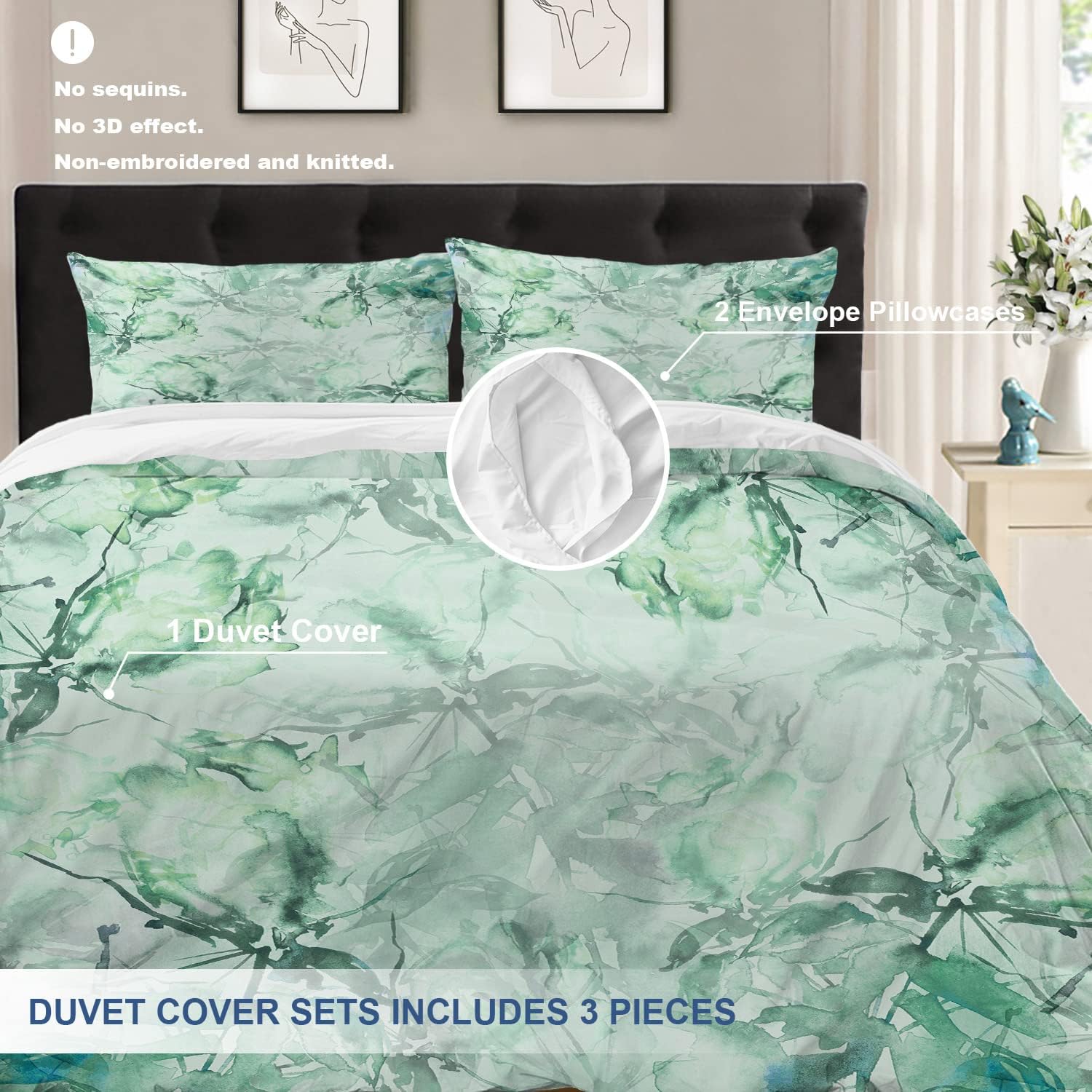 Batmerry Juego de edredón de 3 piezas, tamaño matrimonial, diseño floral abstracto verde salvia, suave, estampado de ramo vintage, 100% algodón,