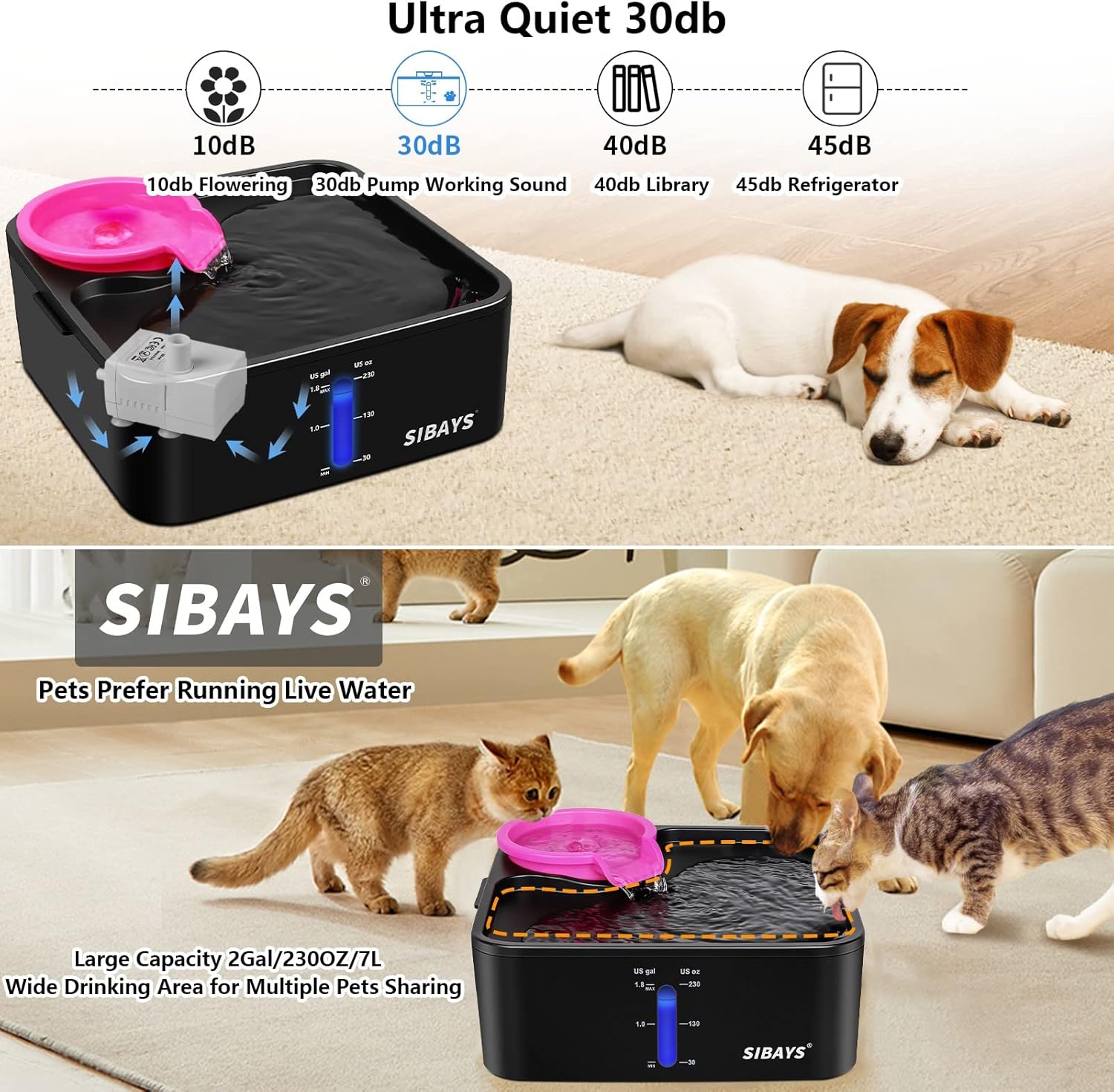 Fuente de agua para perros grandes, dispensador de cuenco de agua de 1.8 galones con filtro de 5 capas, protección automática de desbordamiento