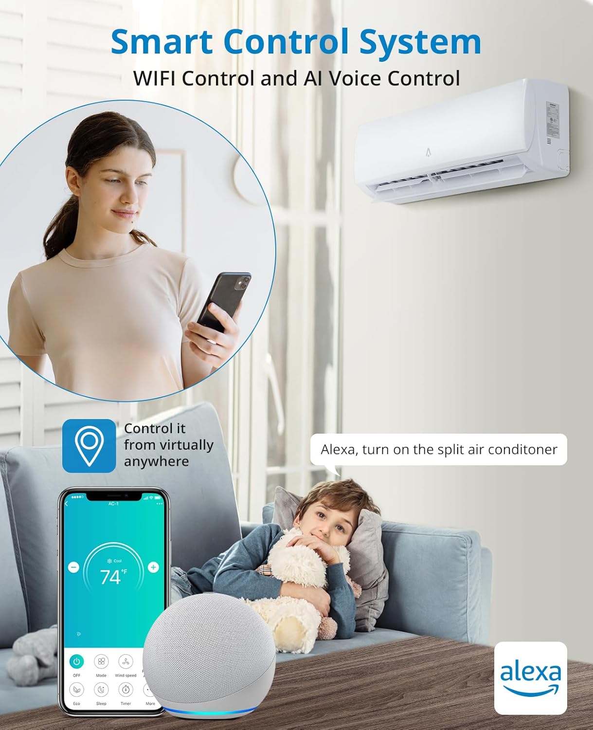 ACONEE 9000 BTU Smart Mini Split Aire AcondicionadoSistema de Calefacción 19 SEER Split Inverter AC con bomba de calor precargada y kit de
