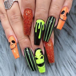 SINSEN Uñas postizas largas a presión para Halloween, ataúd espeluznante, uñas postizas acrílicas de Halloween con diseños, uñas adhesivas de SINSEN Uñas postizas largas a presión para Halloween, ataúd espeluznante, uñas postizas acrílicas de Halloween con diseños, uñas adhesivas de