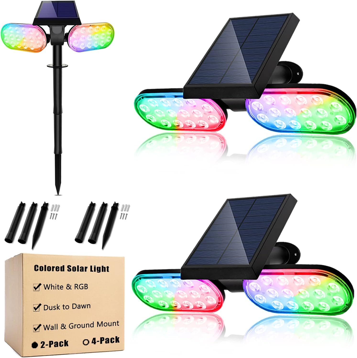 EMANER Solar Outdoor Spot Lights, RGB Solid Color+Multicolor Changing, Solar Spotlight Keep On, Dusk to Dawn Pathway Stake Light Waterproof for