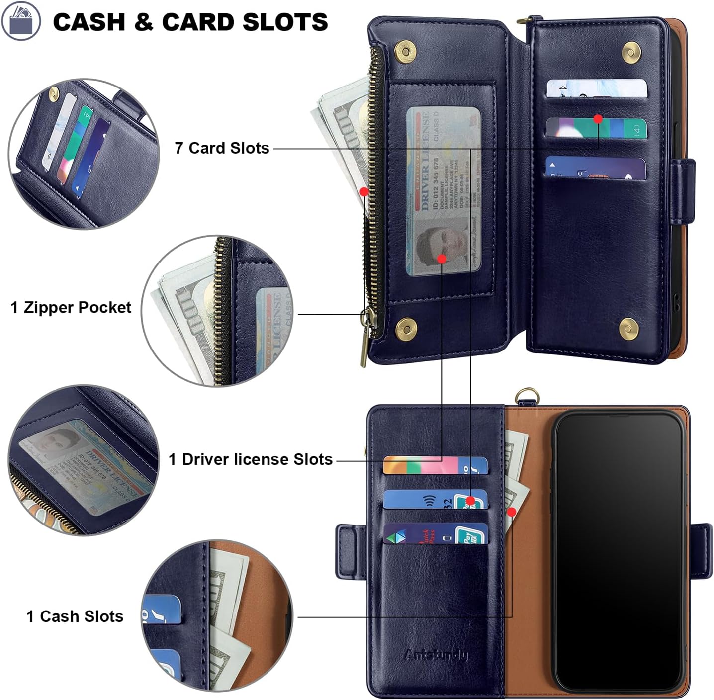 Antsturdy Funda tipo cartera compatible con iPhone 15 Pro, bloqueo RFID, funda de piel sintética para teléfono para mujeres y hombres con tarjetero