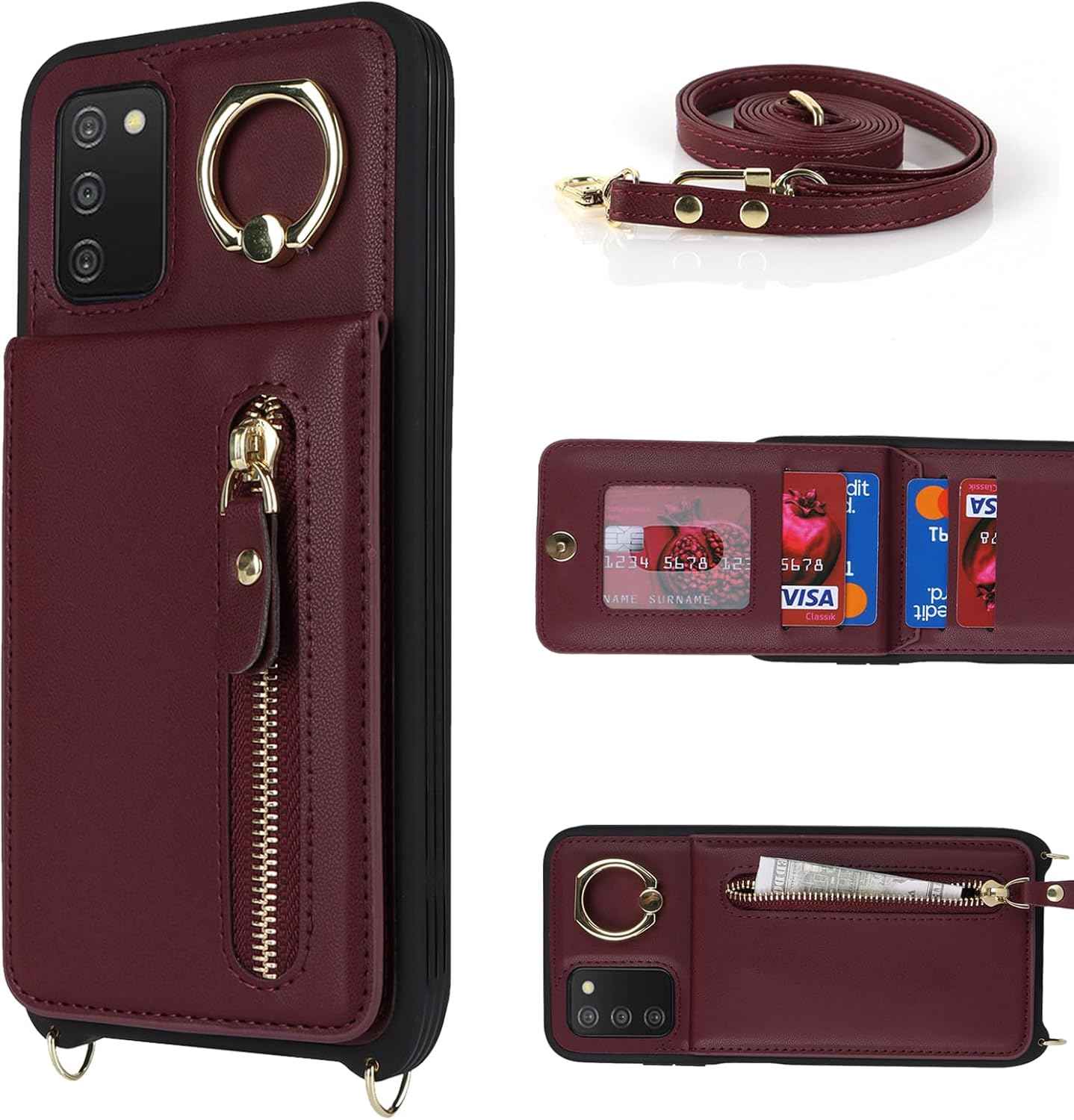 Samsung Galaxy A03s – Funda con tarjetero para mujer, Galaxy A03s con correa y ranuras para tarjetas de crédito, bandolera con función atril y