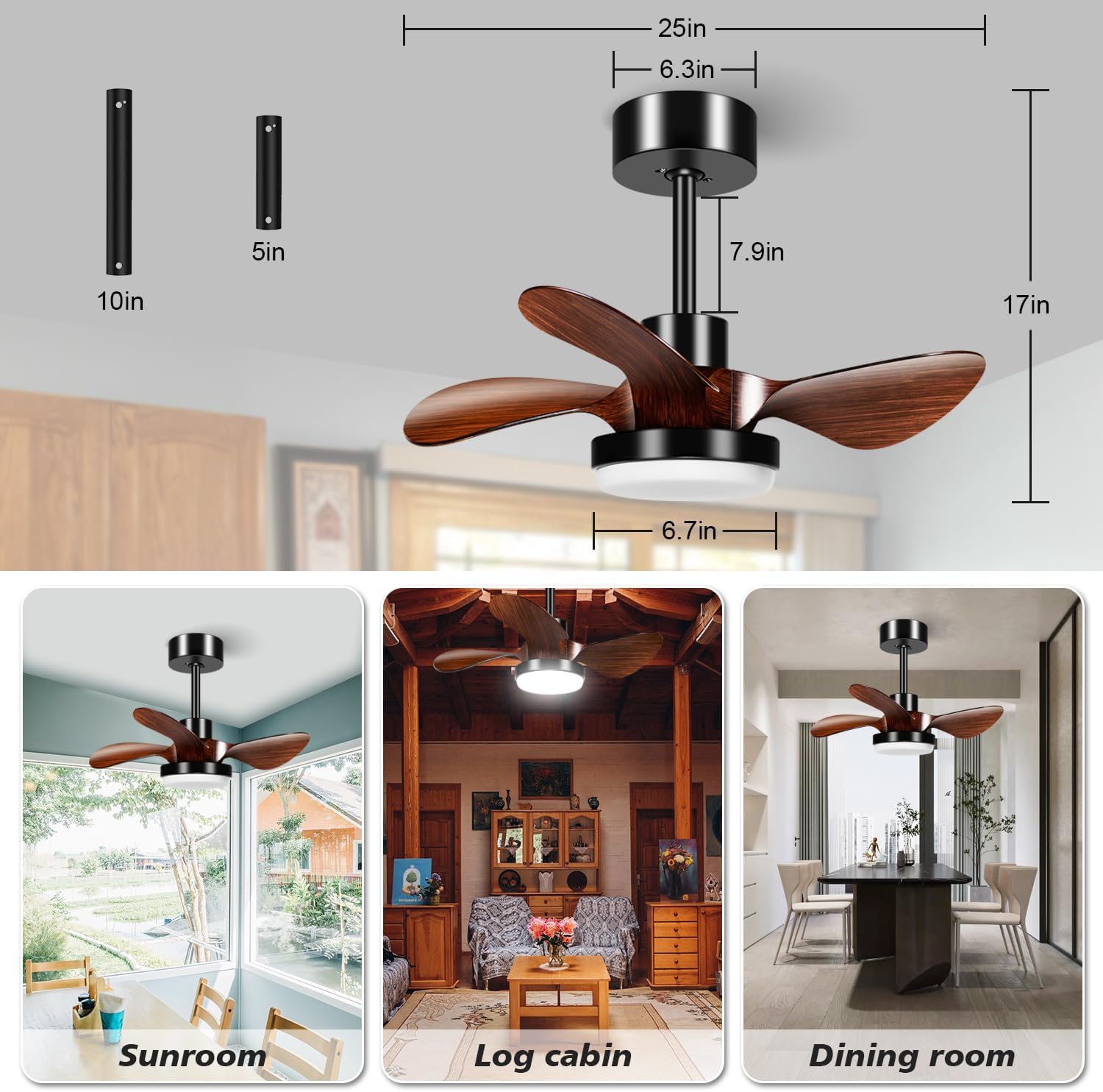 Ventilador de techo de habitación pequeña de 25 pulgadas con luz, ventilador de techo moderno de perfil bajo regulable de 3 aspas con luz y control