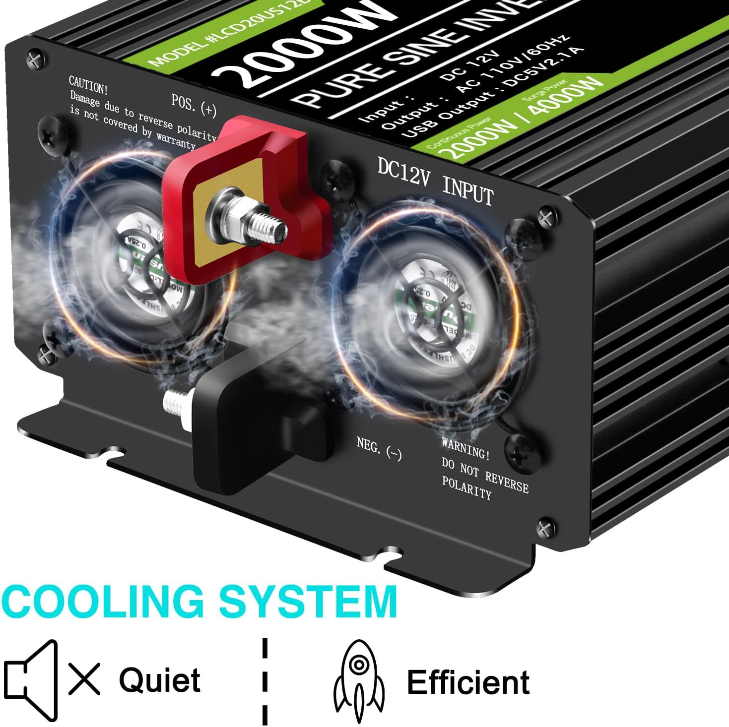 Novopal Inversor de corriente de onda sinusoidal pura de 2000 vatios, convertidor de CC de 12 V a 110 V120 V, 4 salidas de CA, inversores Rv con