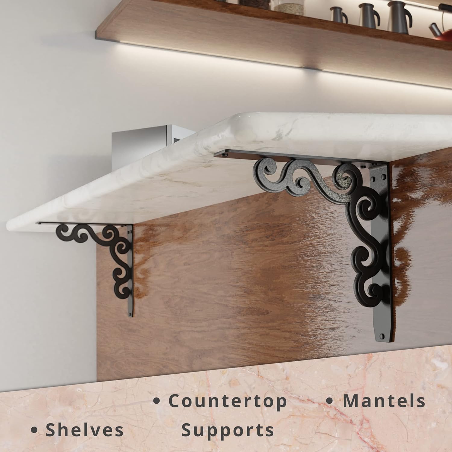 Starby Soportes de estante negros resistentes  Soporte de pared de hierro para encimera, chimenea de chimenea, estantes, hierro forjado negro  acero