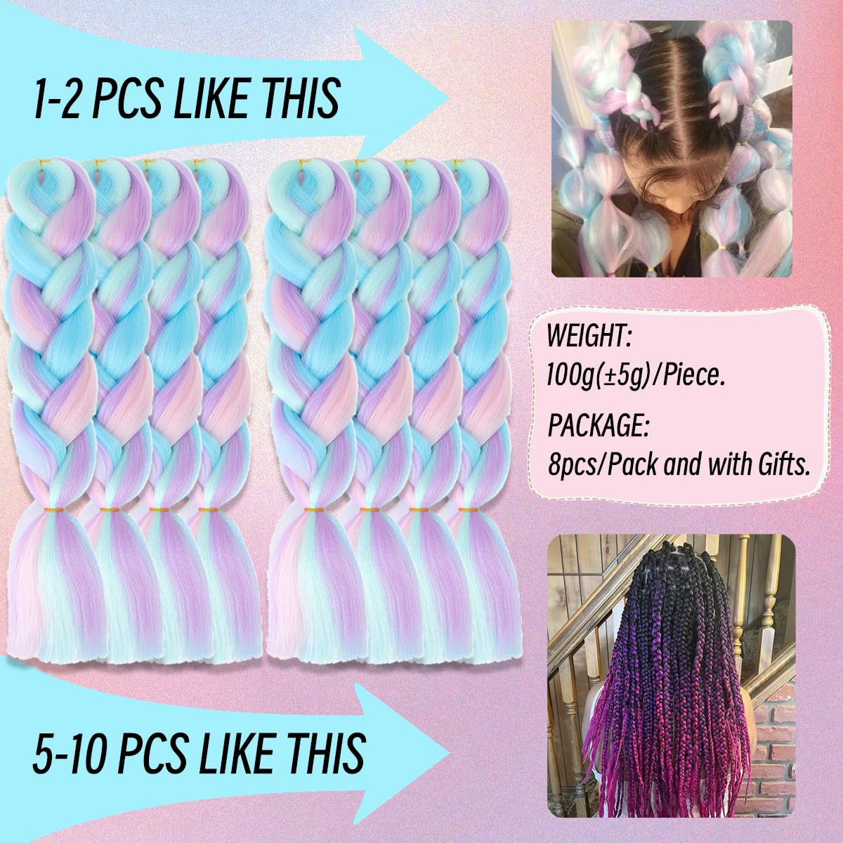 Cabello trenzado de mezcla de fibras sintéticas sedosas, tamaño jumbo, colores de arcoíris azul, morado claro y rosa, extensiones de cabello