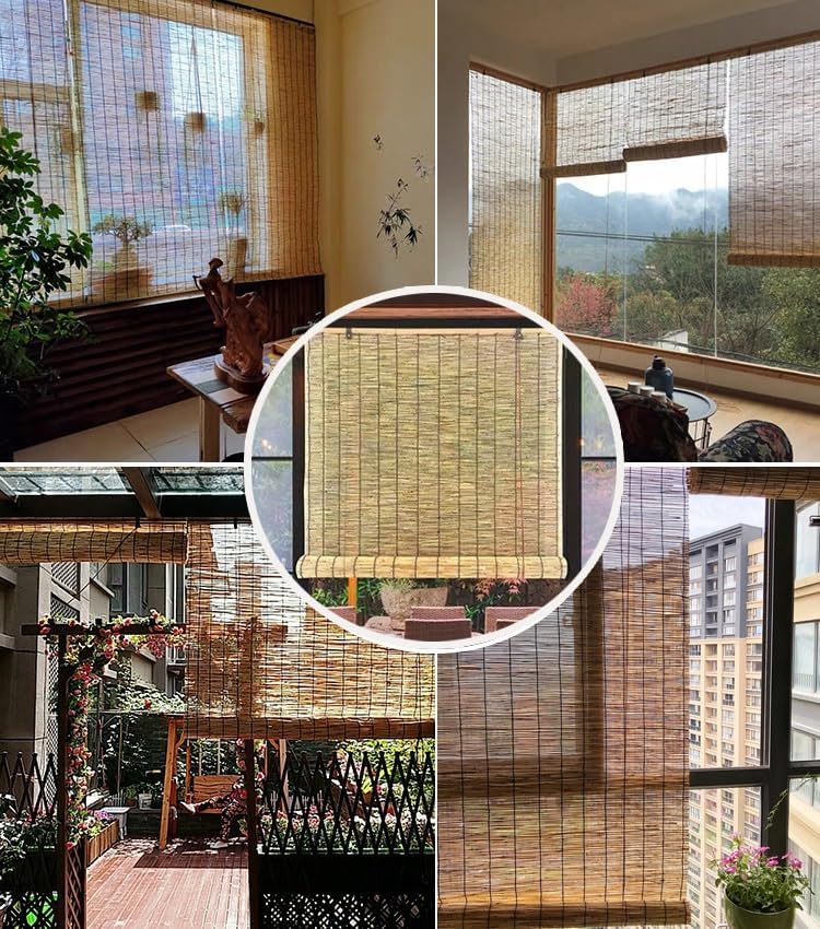 QCLUEU Persianas enrollables de caña para exteriores, cortinas de bambú, persianas de bambú con levantador, persianas enrollables romanas para