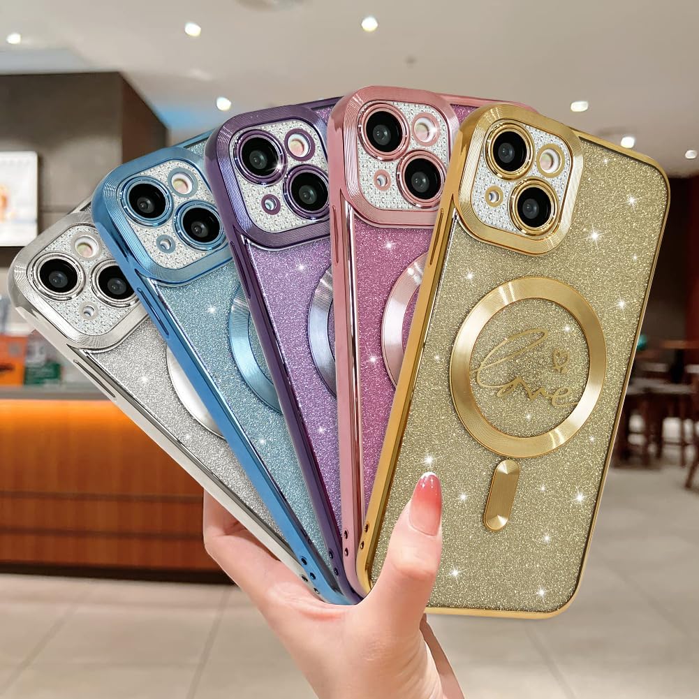 Funda magnética transparente con purpurina para iPhone 14, compatible con Magsafe, diseño de corazón de amor, chapado de lujo, protector completo de