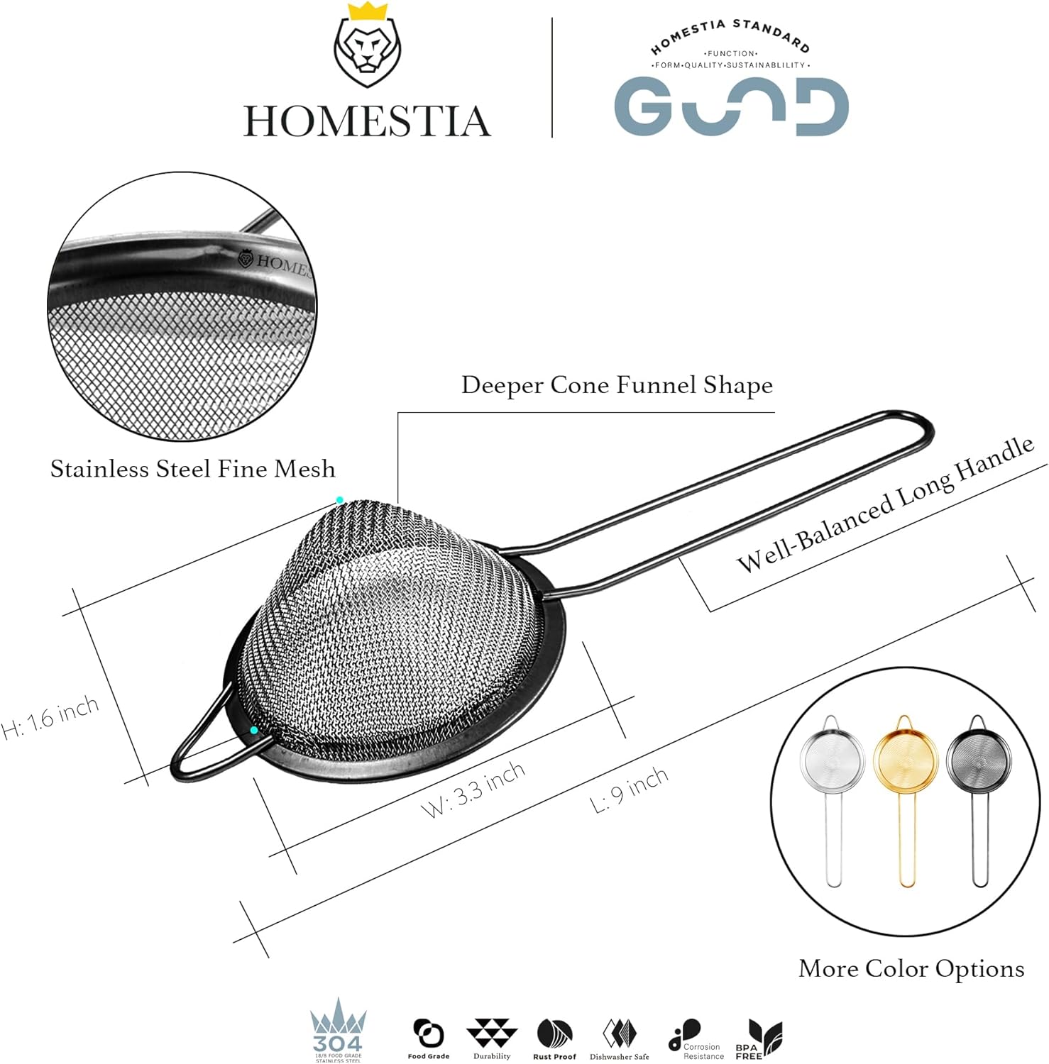Homestia 2 coladores de malla fina de 3.3 pulgadas para cocina, acero inoxidable 304, tamiz de cóctel, tamices de alimentos, colador líquido para