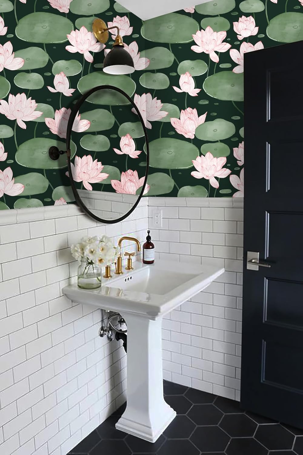 Yasinet Papel tapiz autoadhesivo para despegar y pegar, papel tapiz vintage con flores de loto verde oscuro, papel de contacto autoadhesivo