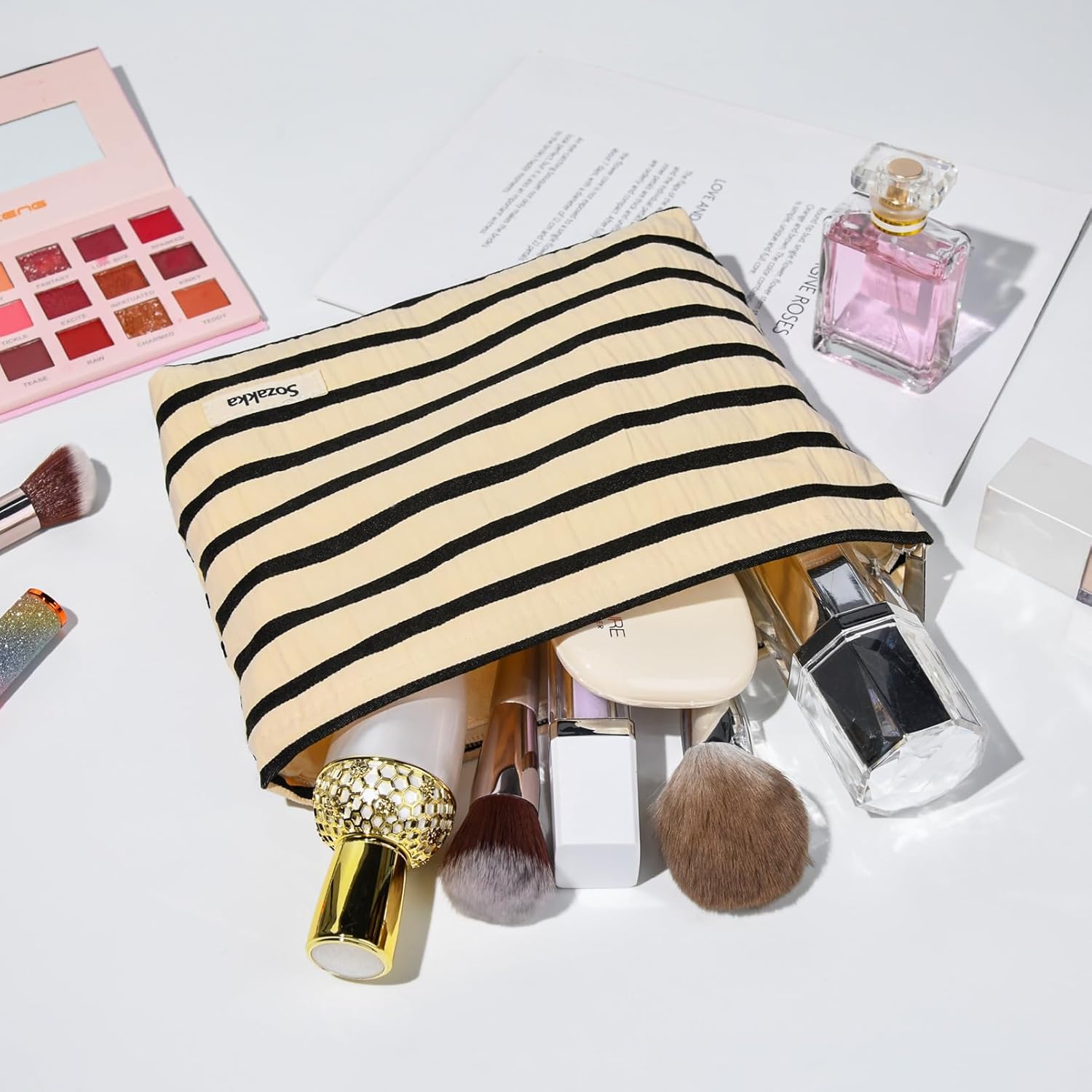 Bolsa de maquillaje de 2 piezas, bolsa grande de cosméticos a rayas, color negro y blanco, bolsa de aseo de viaje, organizador de brochas de