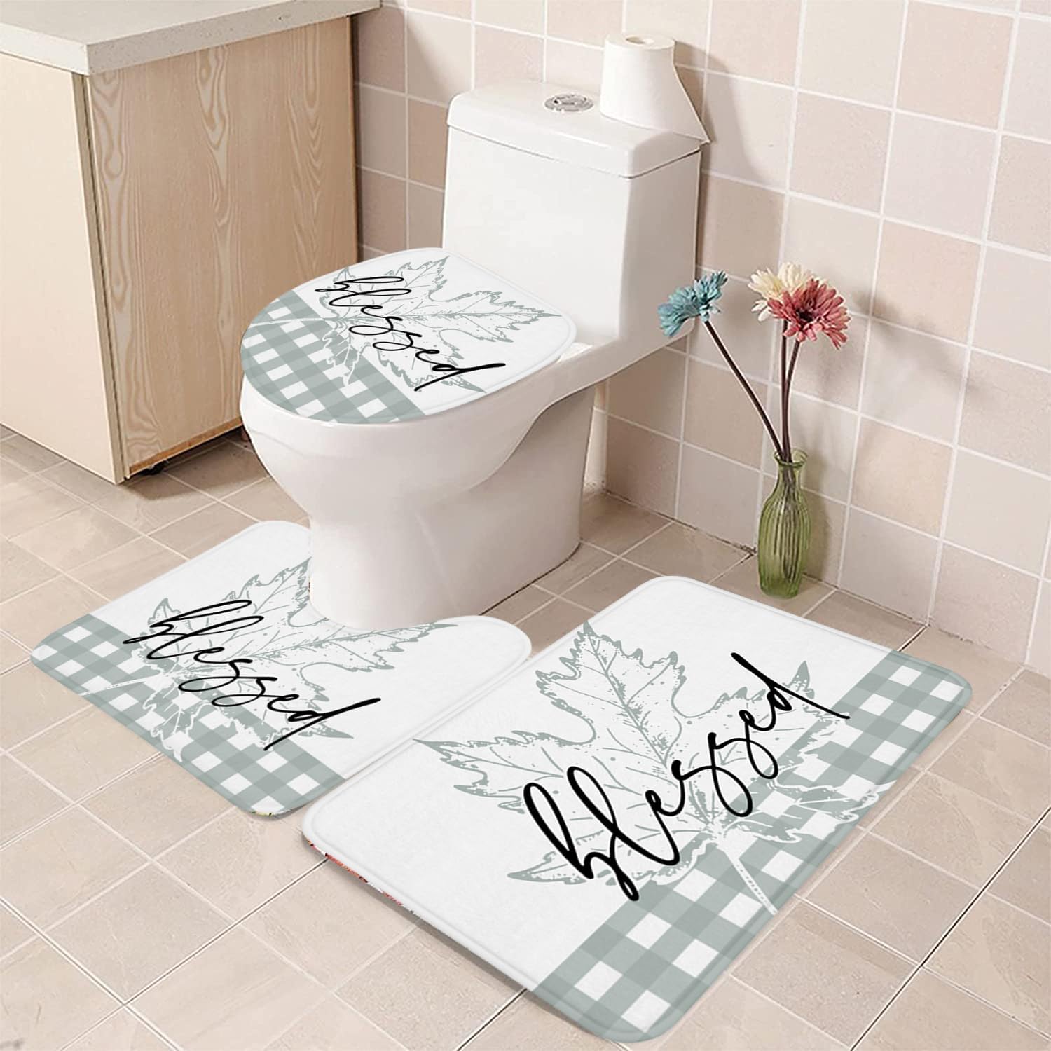 Juego de 3 alfombras de baño vintage para el día de Acción de Gracias, diseño de otoño con hojas de arce, diseño rústico con diseño de hojas de