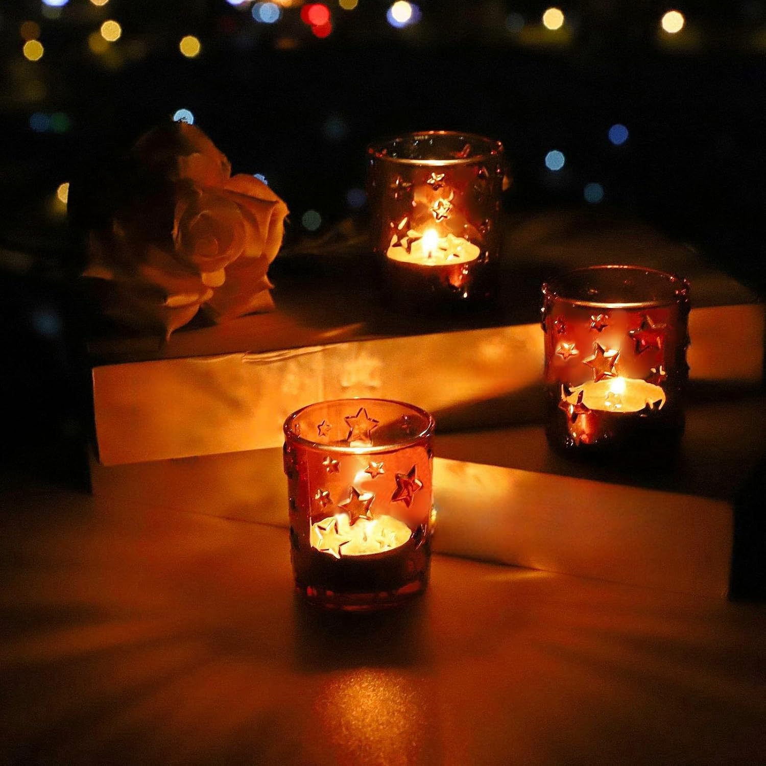12 portavelas votivas de vidrio en relieve de estrella, candelabros ámbar, centros de mesa de boda para mesas, portavelas de vidrio para Acción de