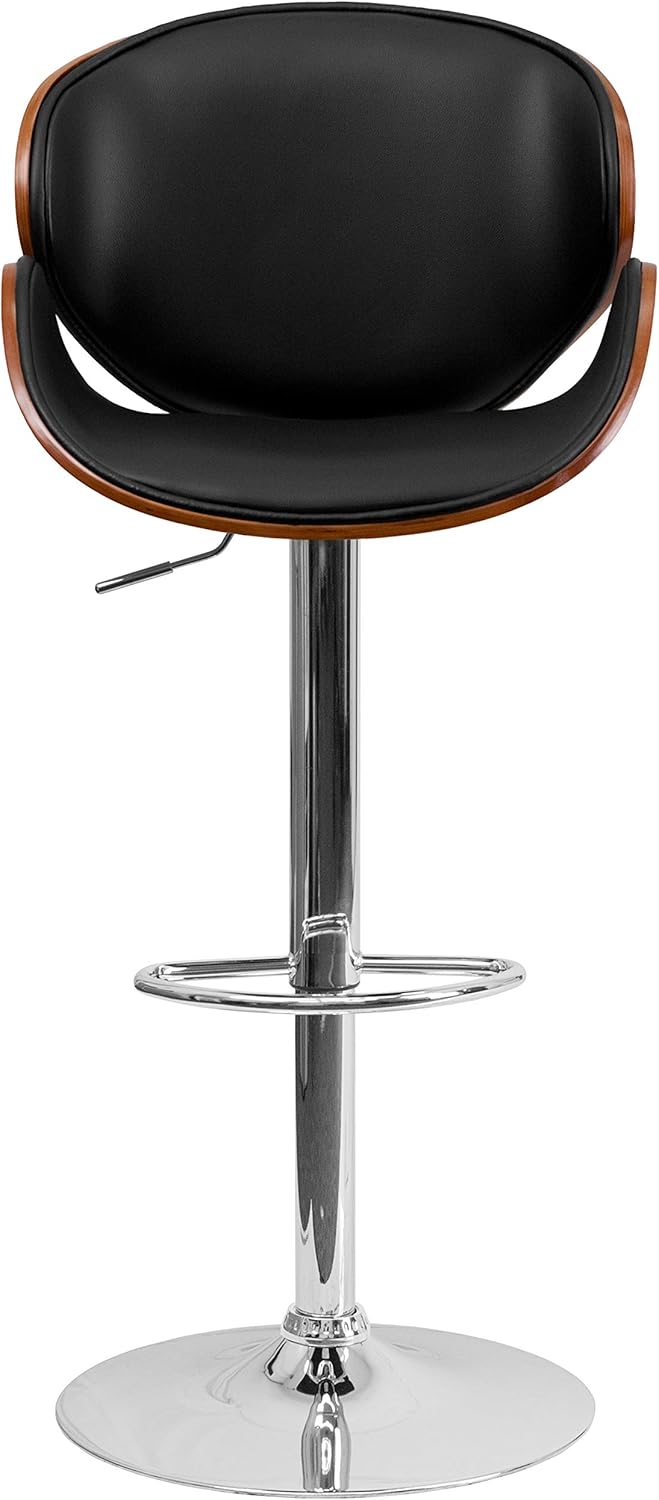 Taburete de bar Flash Furniture de madera de haya con altura ajustable y asiento y respaldo de vinilo negro curvado, Metal Espuma Tela, Walnut