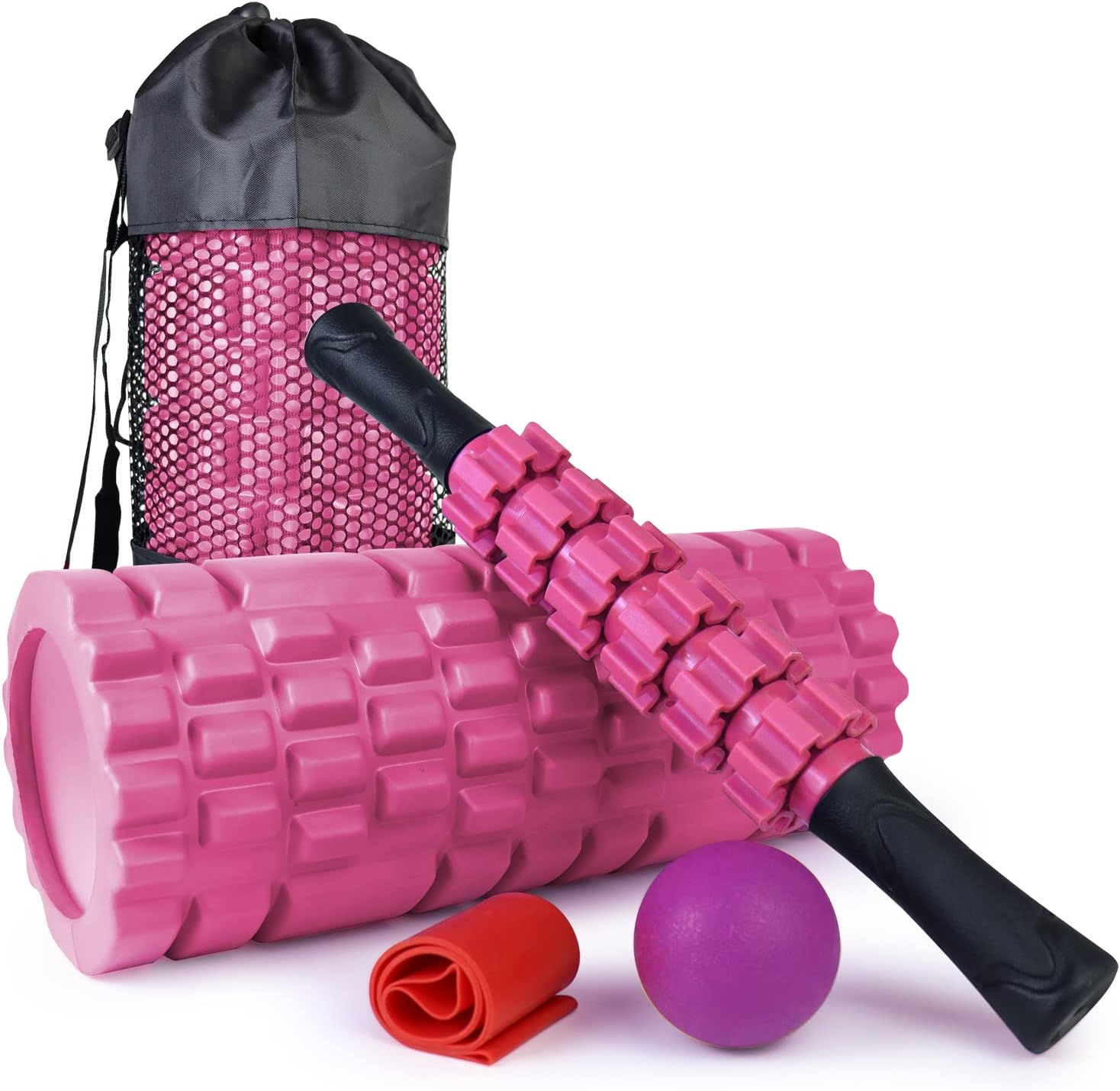 JOYENERGY Juego de rodillos de espuma 5 en 1, rodillo de espuma de punto gatillo, barra de masaje, bola de masaje, correa de estiramiento para