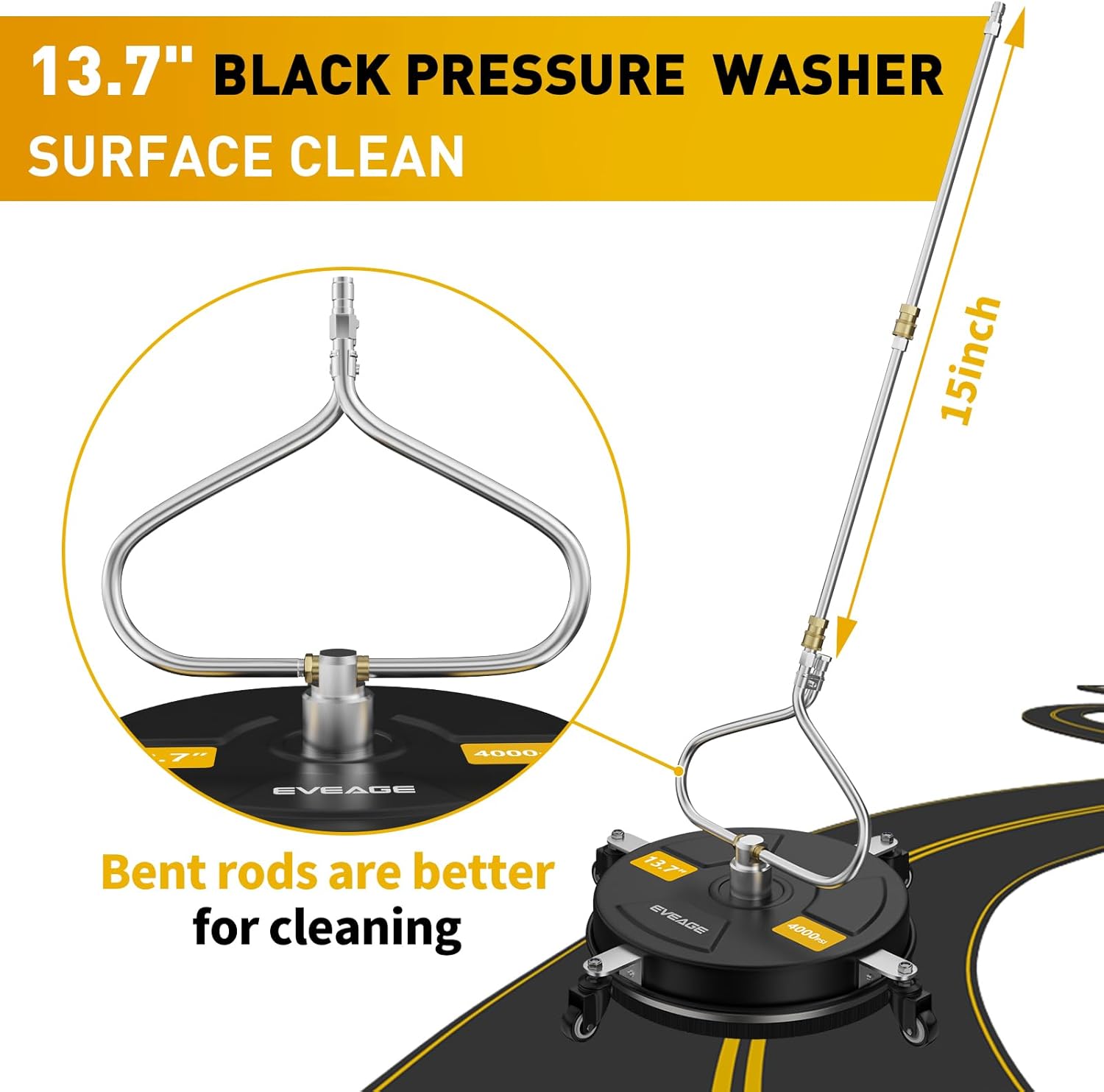 EVEAGE Limpiador de superficie de lavadora a presión negro de 13.7 pulgadas, diseño único de barra curva para ergonomía, accesorio de lavadora a