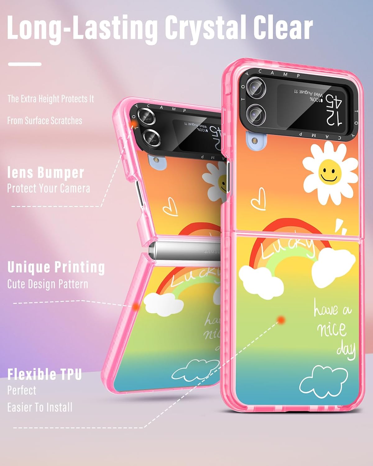 Toycamp Funda para Samsung Galaxy Z Flip 4 con soporte para anillo, bonita funda retro con diseño de arco iris y sol, diseño colorido de dibujos