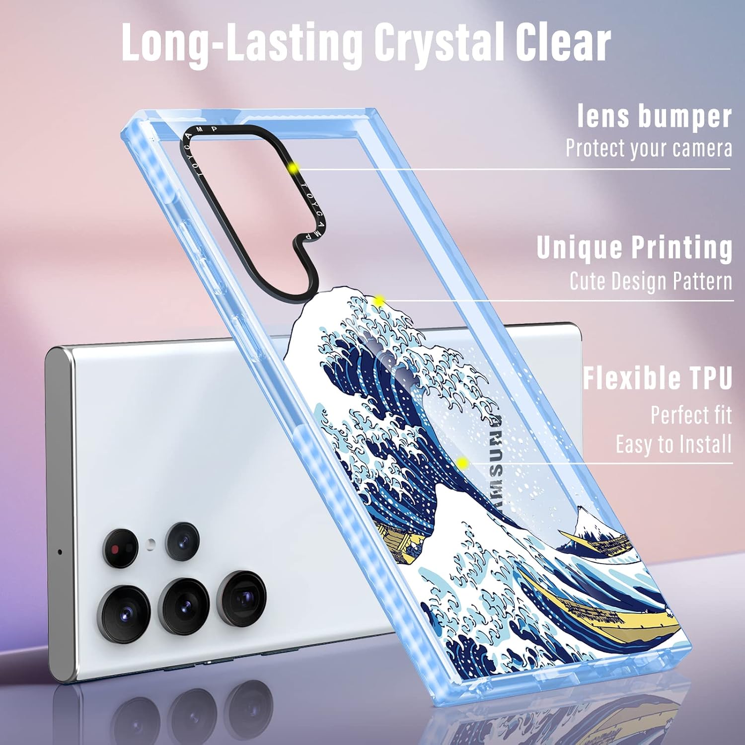 Toycamp Funda para S23 Ultra con soporte de anillo, bonito diseño de olas de mar para mujeres, niñas, niños y adolescentes para S23 Ultra, bonita