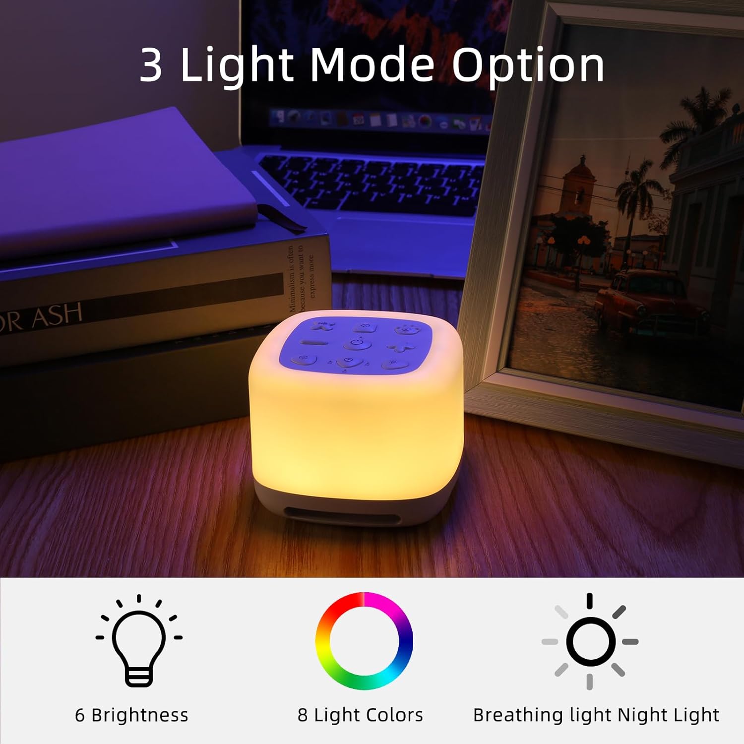 Máquina de ruido blanco, máquina de sonido portátil para bebé adulto, cuenta con batería potente, 40 sonidos relajantes y 8 colores de luz,