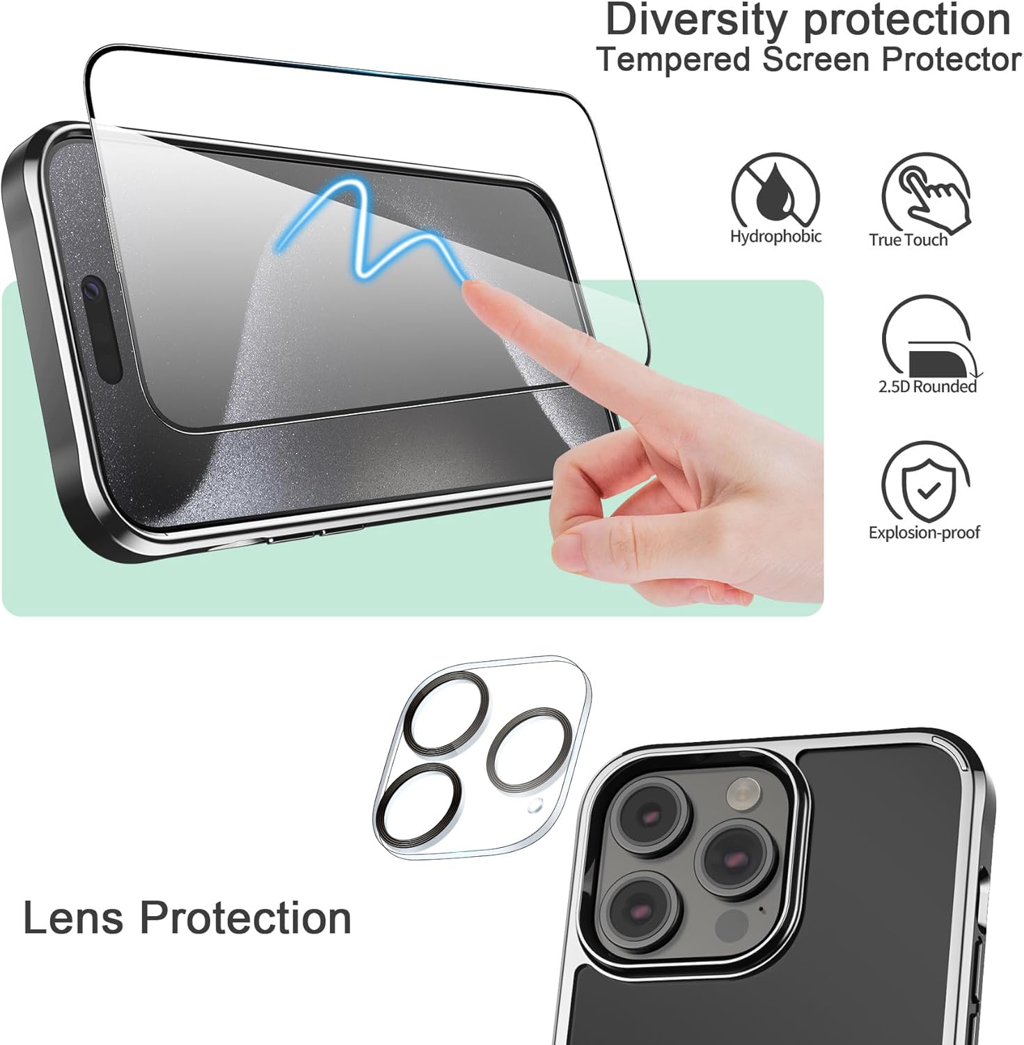 Foluu Funda ultradelgada para iPhone 15 Pro Max 2023 con protector de pantalla de vidrio templado y protector de lente de cámara, chapado duro