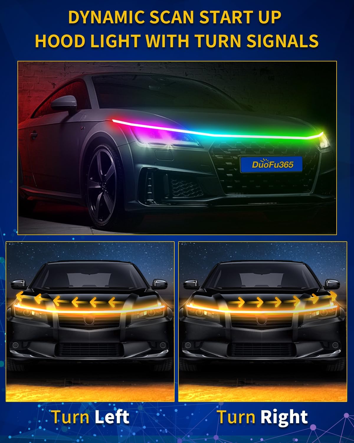 Tira de luz LED para capó de automóvil, RGB multicolor dinámico escaneo dinámico con aplicación y control remoto, 12 V actualizado, impermeable,