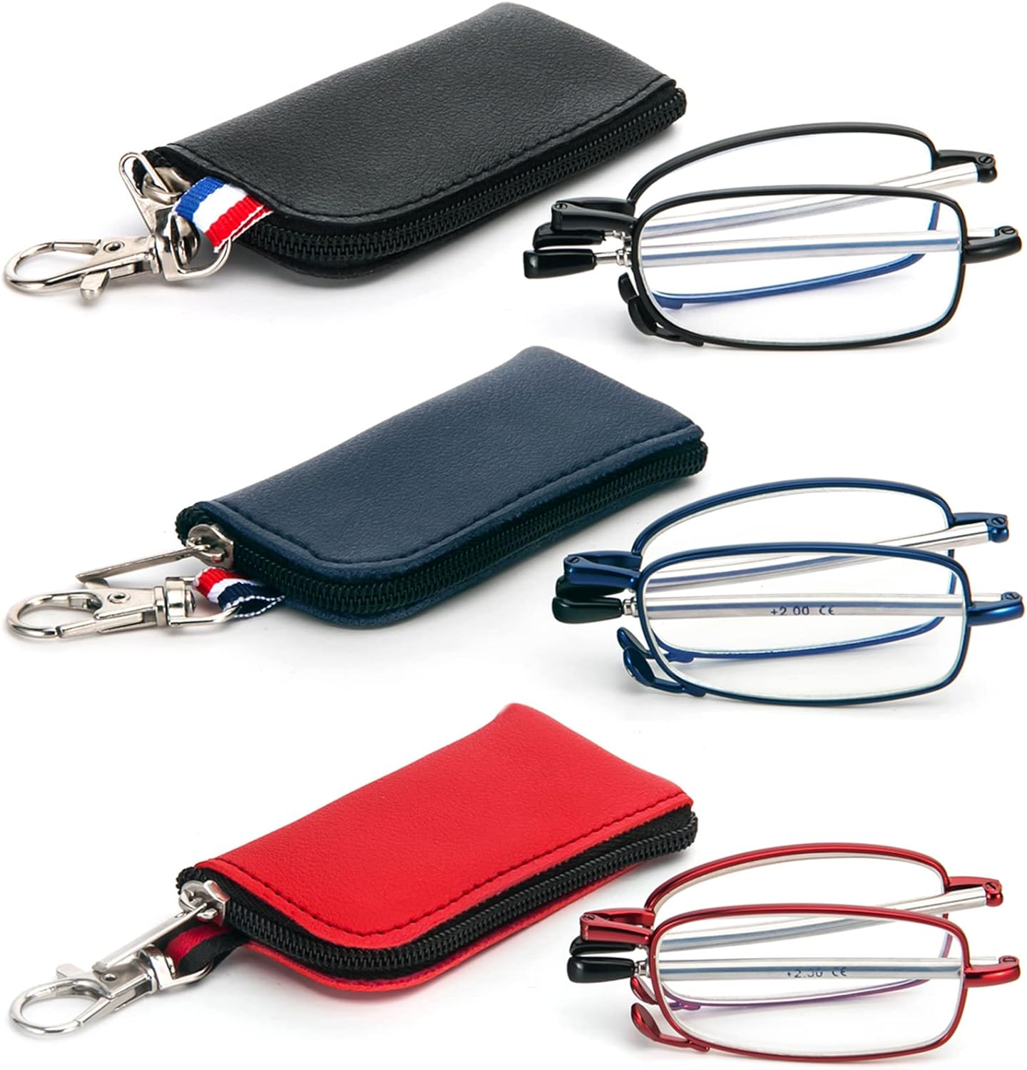 Paquete de 3 lentes de lectura plegables con llavero, bolsas compactas para mujeres y hombres, bloqueo de luz azul, bisagra de resorte, lectores de