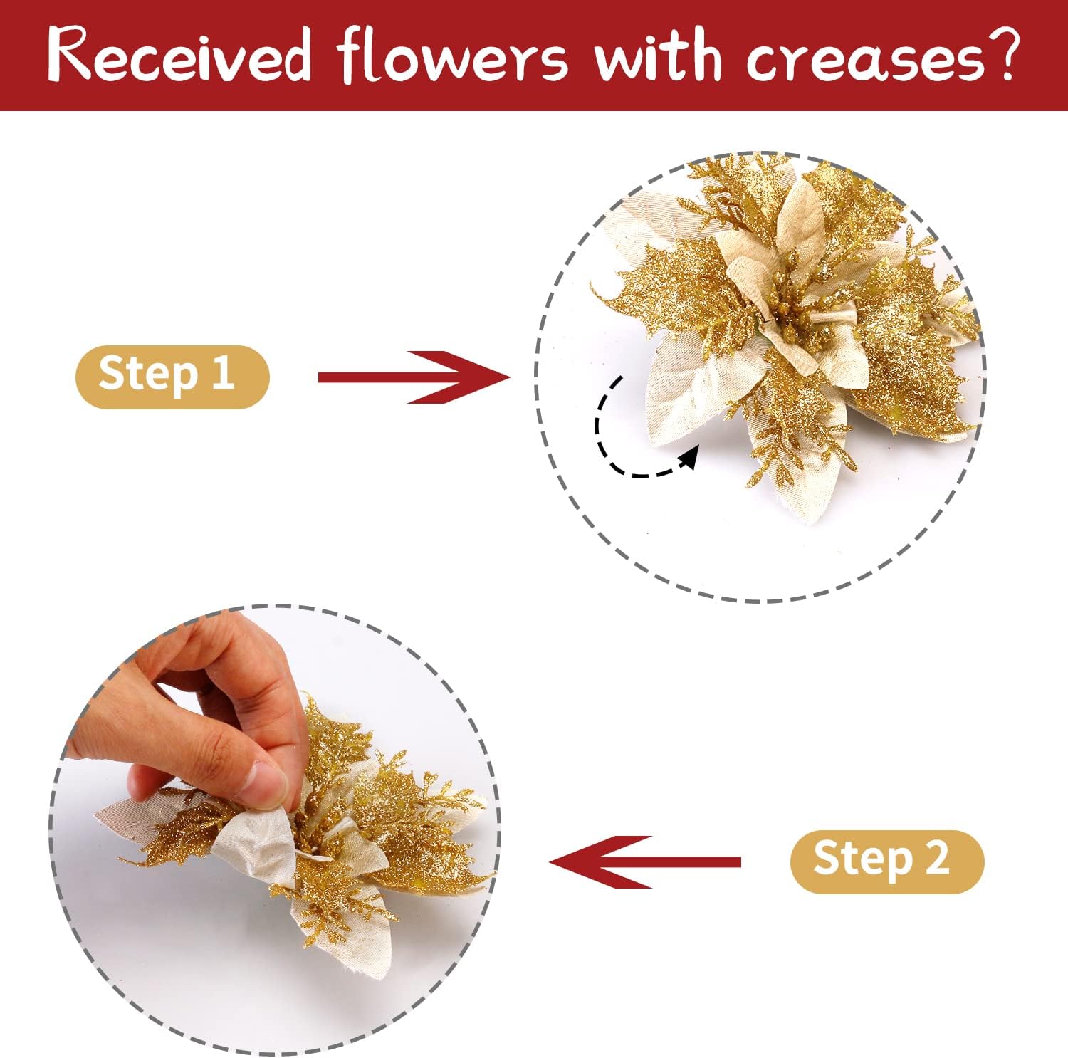10 Pcs 13cm5.2in Poinsettia Artifical Flowers with Clips and Stems, Glitter Christmas Tree Ornaments Supplies for Xmas Wedding Party Happy New Year