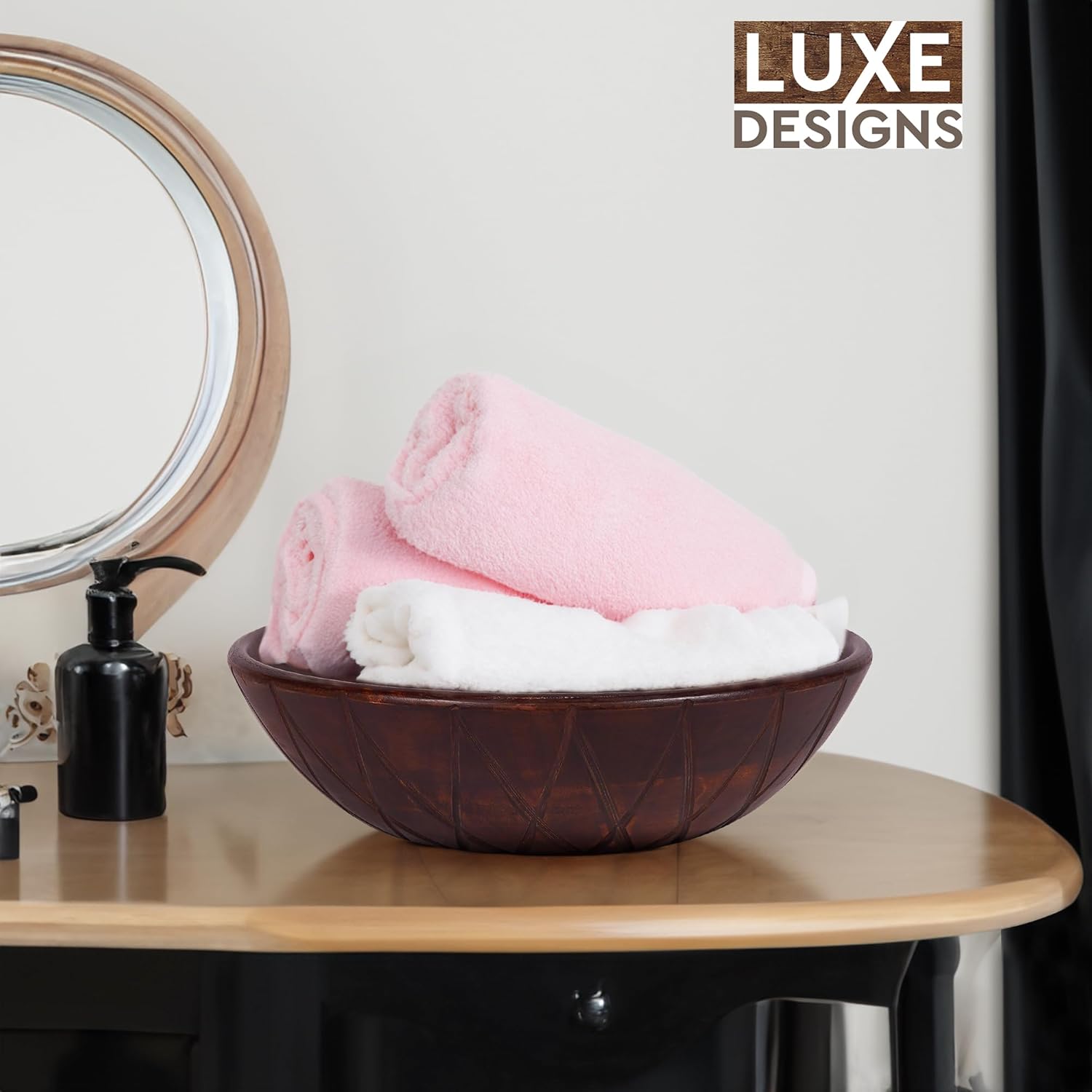 Luxe Designs Cuenco decorativo redondo de madera de 12 pulgadas, frutero de madera para encimera de cocina, cuenco de madera de acacia hecho a mano,