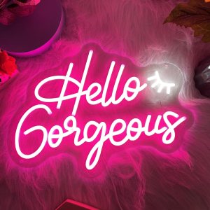 Brochao Letrero de neón LED con texto en inglés “Hello Gorgeous Neon”, para pared, color rosa, para fiesta de cumpleaños, boda, compromiso, Brochao Letrero de neón LED con texto en inglés “Hello Gorgeous Neon”, para pared, color rosa, para fiesta de cumpleaños, boda, compromiso,