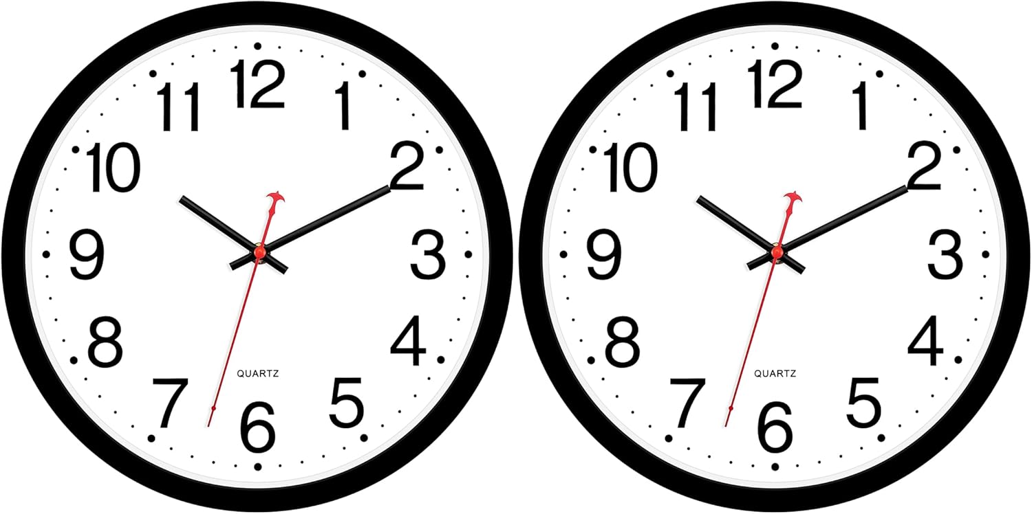 Foxtop Paquete de 2 relojes de pared negros, 12 pulgadas, silencioso, sin tictac, de cuarzo, funciona con pilas, reloj de pared analógico redondo
