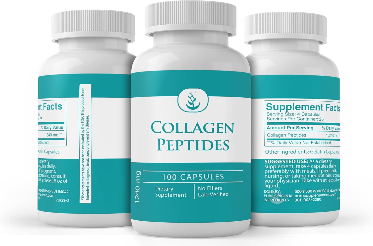 Pure Original Ingredients Péptido de colágeno, (100 cápsulas) puro, sin aditivos ni rellenos, verificado por laboratorio