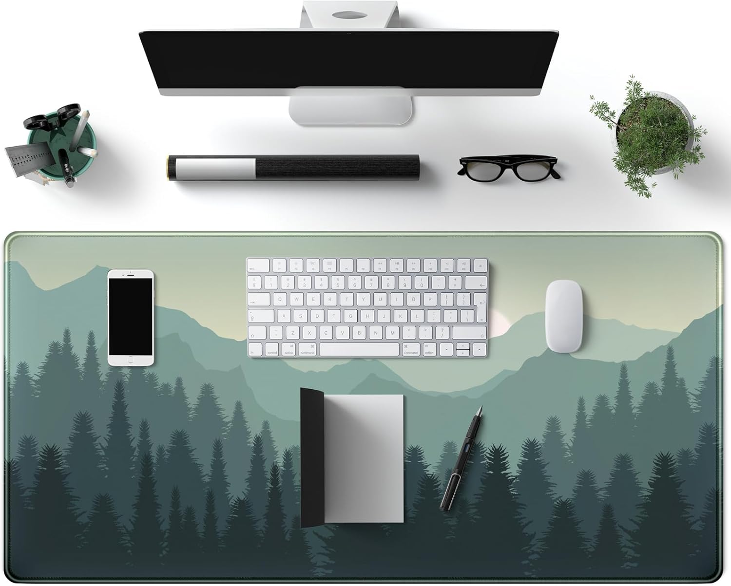 Tapete de escritorio de bosque, grande, XXL, extendido, grande, para juegos, puesta de sol, montañas, paisaje, naturaleza, tapete para teclado,