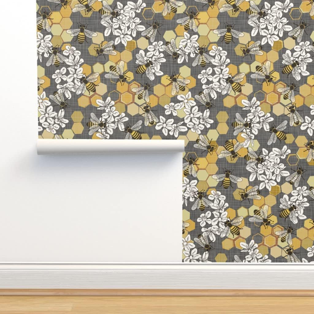 Spoonflower Papel tapiz autoadhesivo de 3 x 2 pies – Blanco Floral Naturaleza Insectos Amarillos Modernos Abejas Miel Gris Papel pintado extraíble
