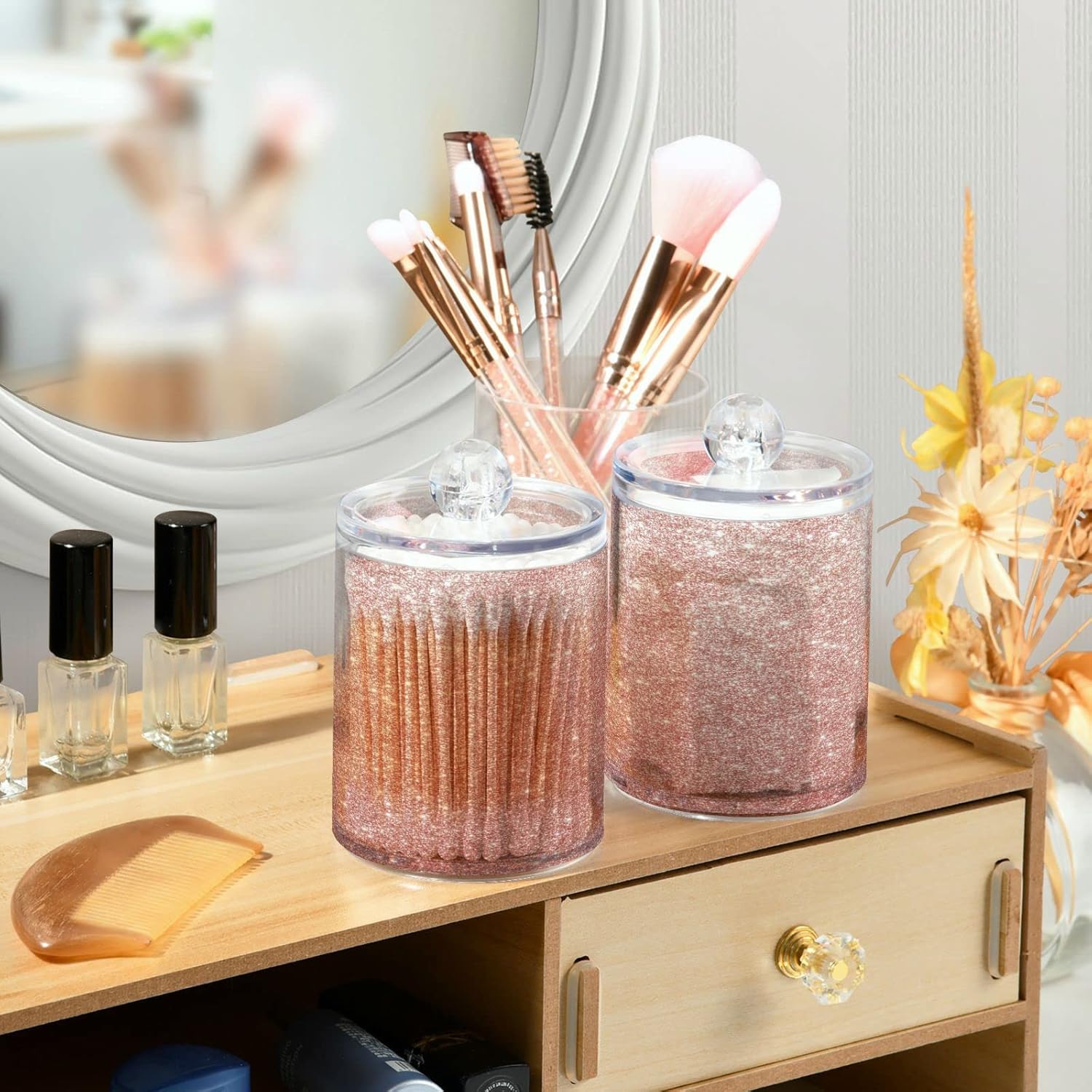 Dispensador de soporte Qtip de oro rosa brillante con tapas, 2 unidades, juego organizador de almacenamiento de baño de 14 onzas, tarros de