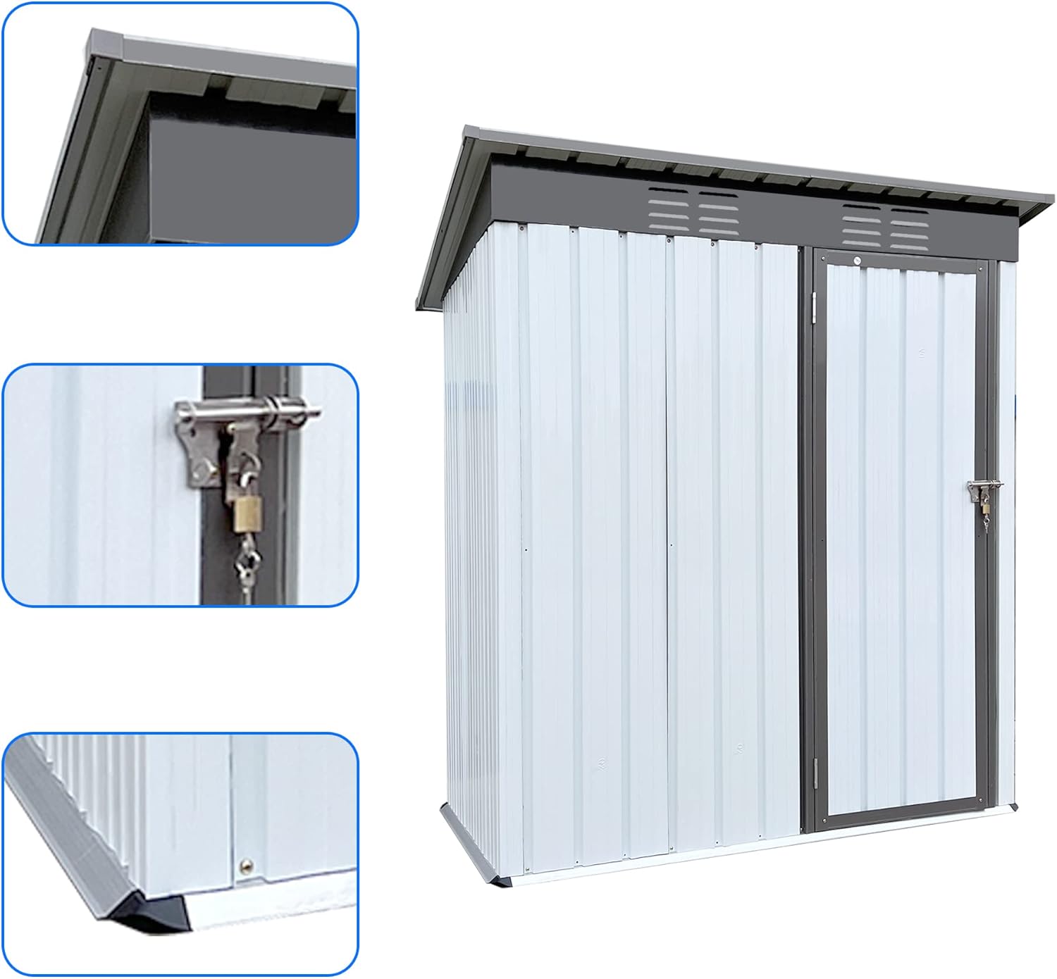 Cobertizo de almacenamiento de metal de 5 x 3 pies, cobertizo para exteriores con ventilación de aire, cobertizo de herramientas impermeable con