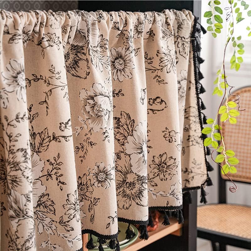 Cortinas de lino con borlas bohemias para ventana, semiopacas, panel geométrico bohemio para sala de estar, cocina, cafetería, comedor, cenefas