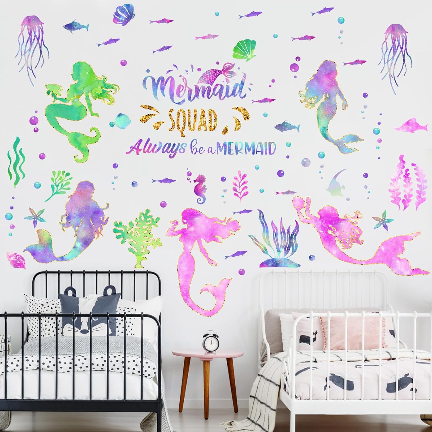2 hojas de calcomanías de pared grandes de sirena con purpurina para niñas, calcomanías de pared de sirena para dormitorio, impermeable, decoración