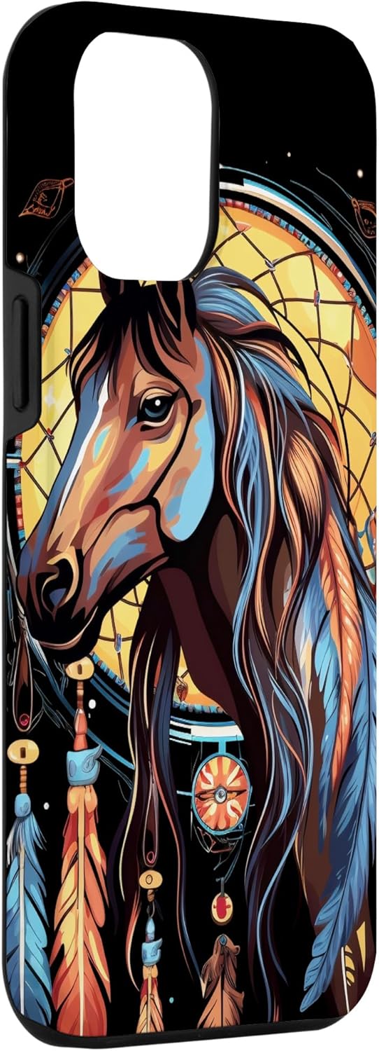Funda tribal para iPhone 12 Pro Max Horse Dreamcatcher nativo americano plumas