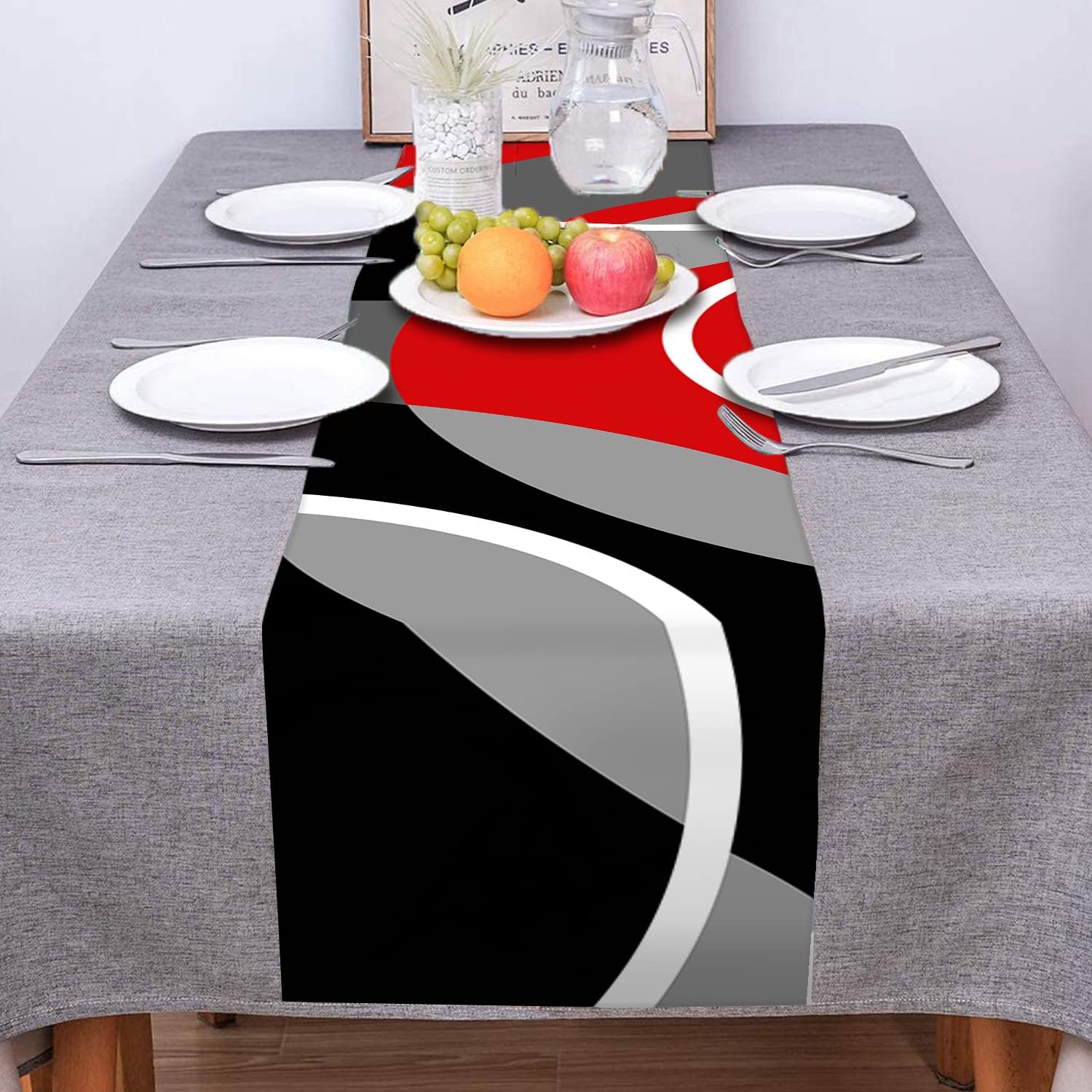 Camino de mesa negro, blanco, gris, rojo, patrón geométrico de líneas geométricas, camino de mesa de poliéster antideslizante para cocina, café,