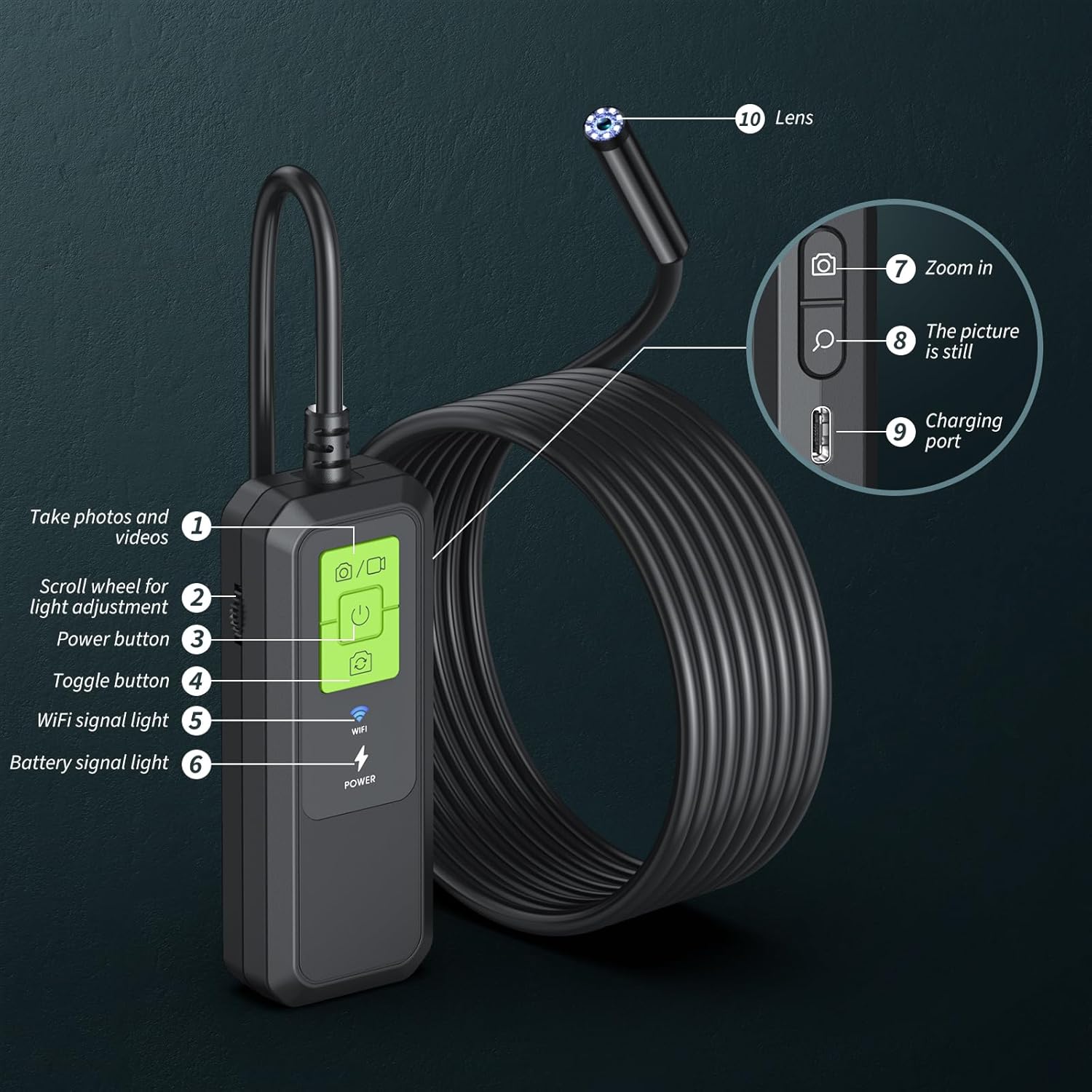 Cámara endoscopio con luz, cámara de inspección WiFi para iOS 9.0+ y Android 4.4+, 1280P HD multiesceno uso boroscopio, cámara serpiente con IP67